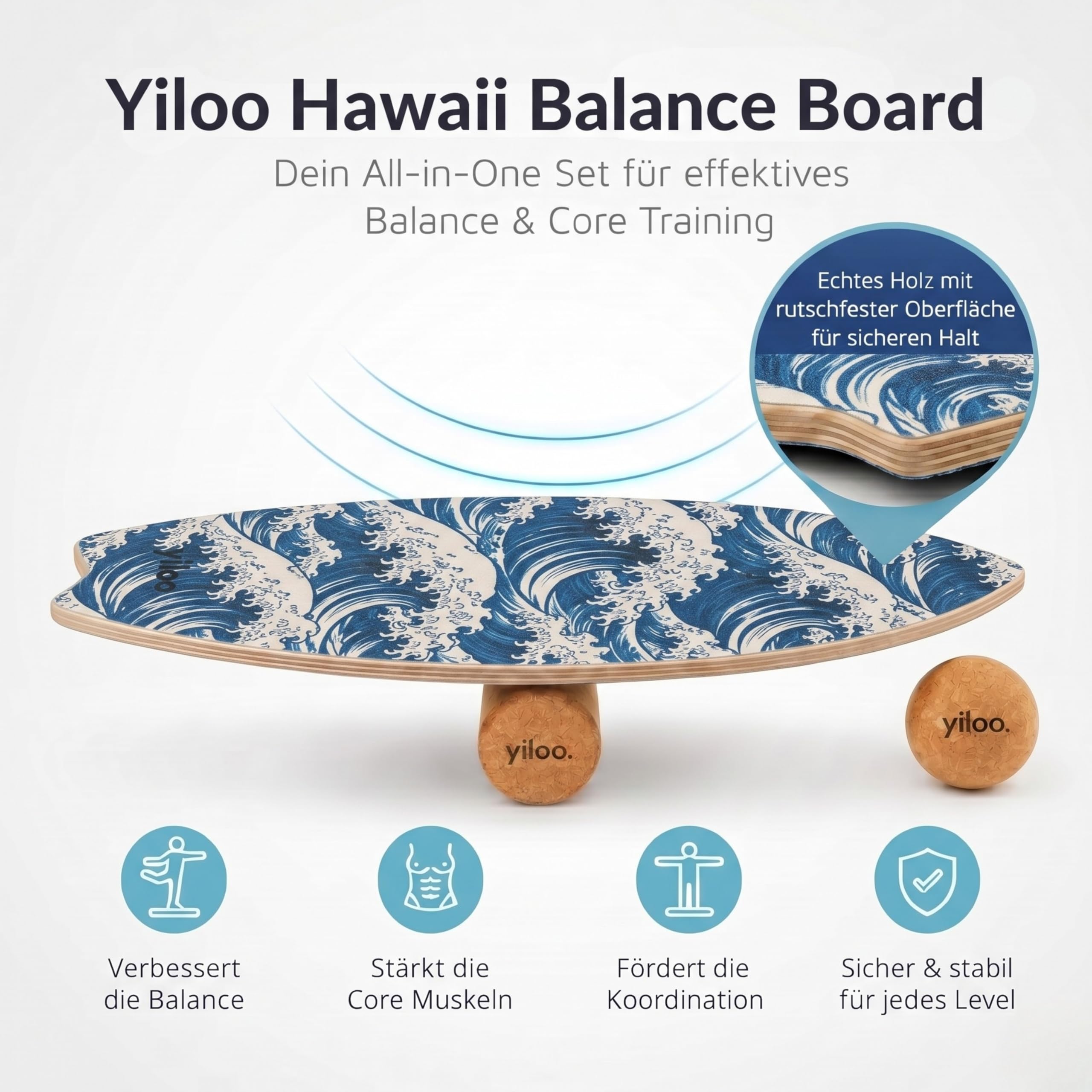 Hawaii Balance Board aus Holz – Gleichgewichtstrainer mit Rolle & Balance Ball – Handgefertigt & rutschfest für Core Training, Fitness, Surf & Koordination – bis 150 kg