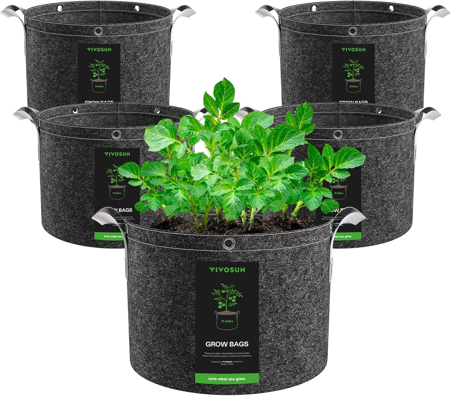 VIVOSUN 5-Pack 15 Gallon Grow Bags, 500G Thick Nonwoven Fabric Pots with Strap Handles, Multi-Purpose Rings, for Low Stress Plant Training Fruits, Vegetables, and Flowers