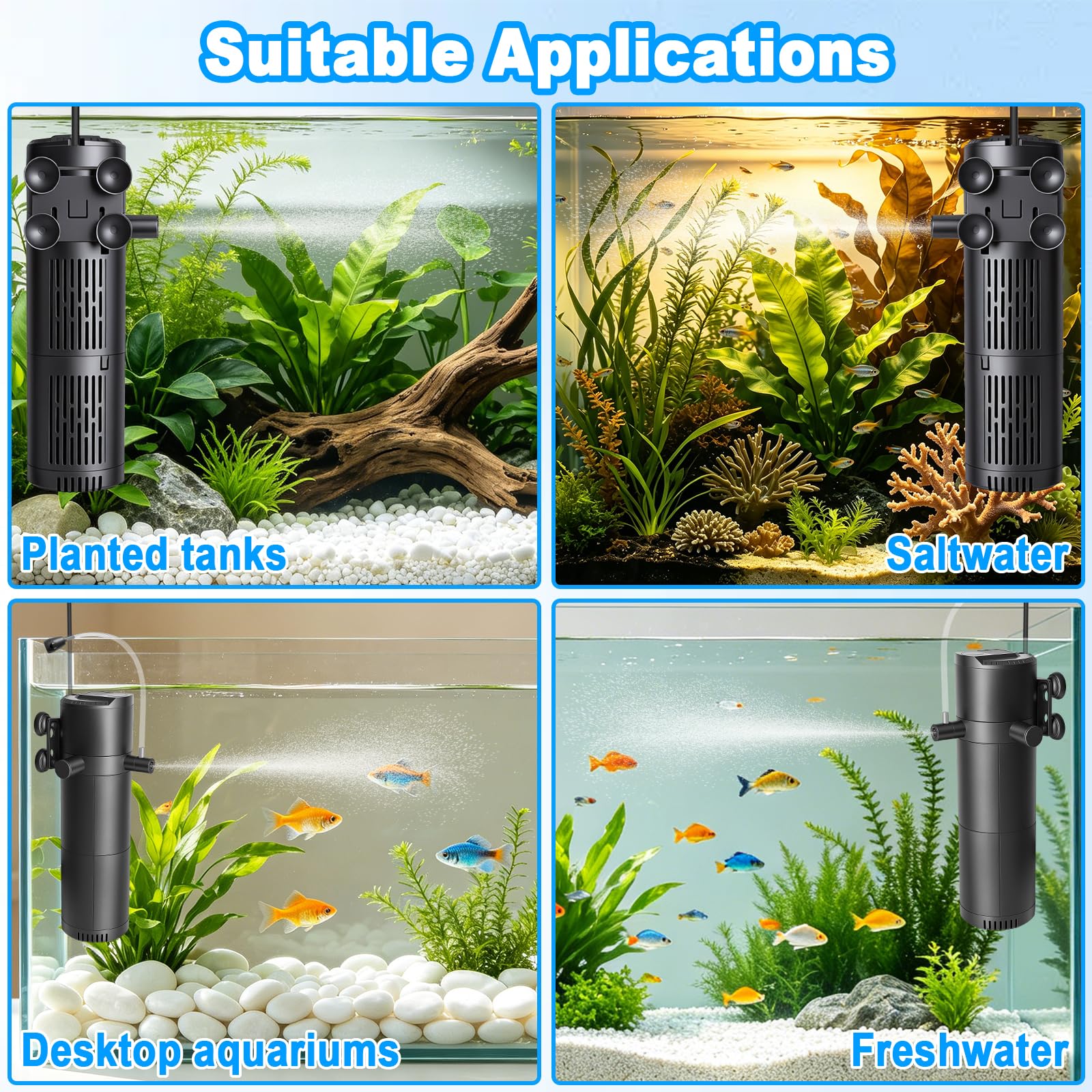 Filtro interno per acquario, Filtro per acquario 5-in-1 con sterilizzatore UV e timer, Pompa filtrante regolabile con aerazione e doccia a pioggia, 500 L/H, Pompa chiarificante per acqua dolce e