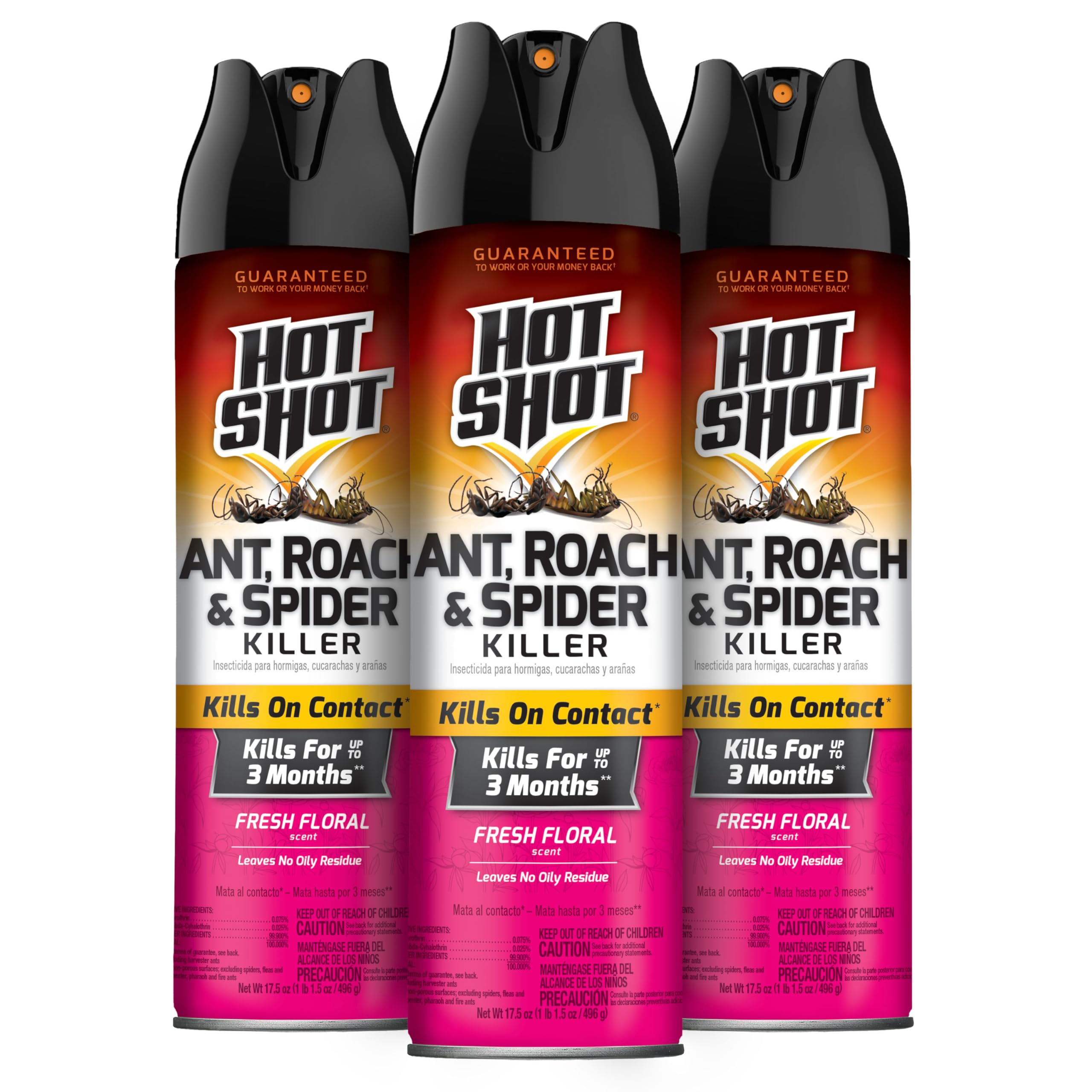 Hot Shot Ant Roach & Spider Killer 17.5 Oz, Fresh Floral Scent, 3 Pack | Kills On Contact & For up to 3 Months, Kills Insects Indoors & Outdoors,