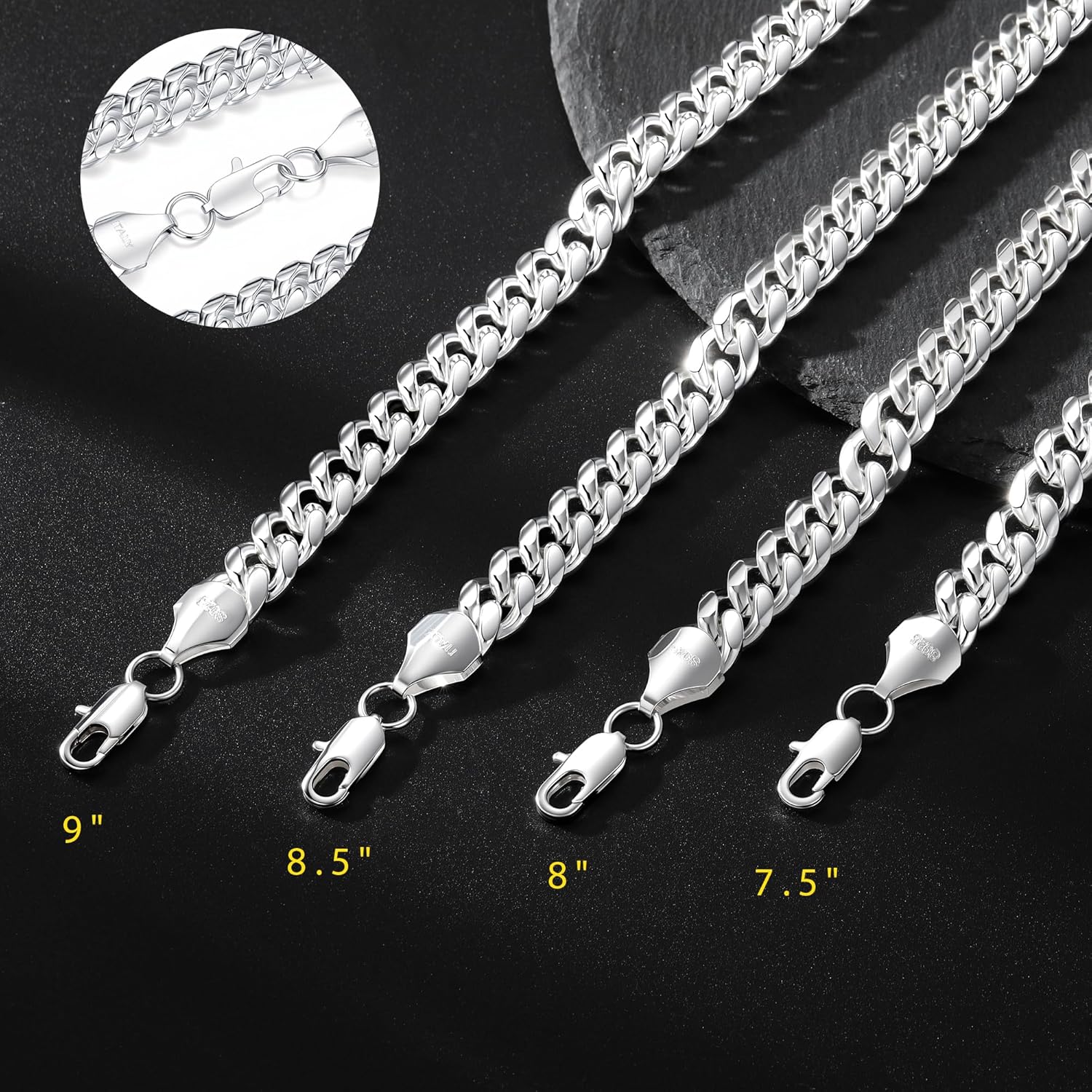 S925 Sterling Silver Cuban Link Bracelet for Men - 10MM S925 Sterling Silver Over Cuban Chain Bracelet Diamond Cut Silver Bracelets Gifts for Men 7.5/8/8.5/9Inch