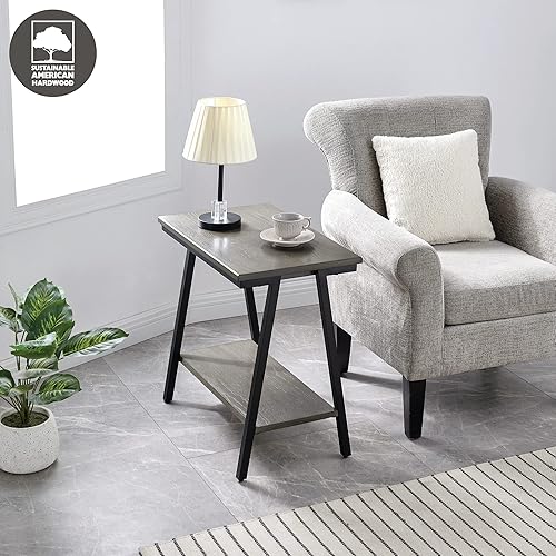 Miniatura 42 de Leick Home 23007 Chisel & Forge - Mesa auxiliar de metal y madera mixta con un cajón, diseño X con estante, gris ahumado y negro mate, 22 x 24 x 24