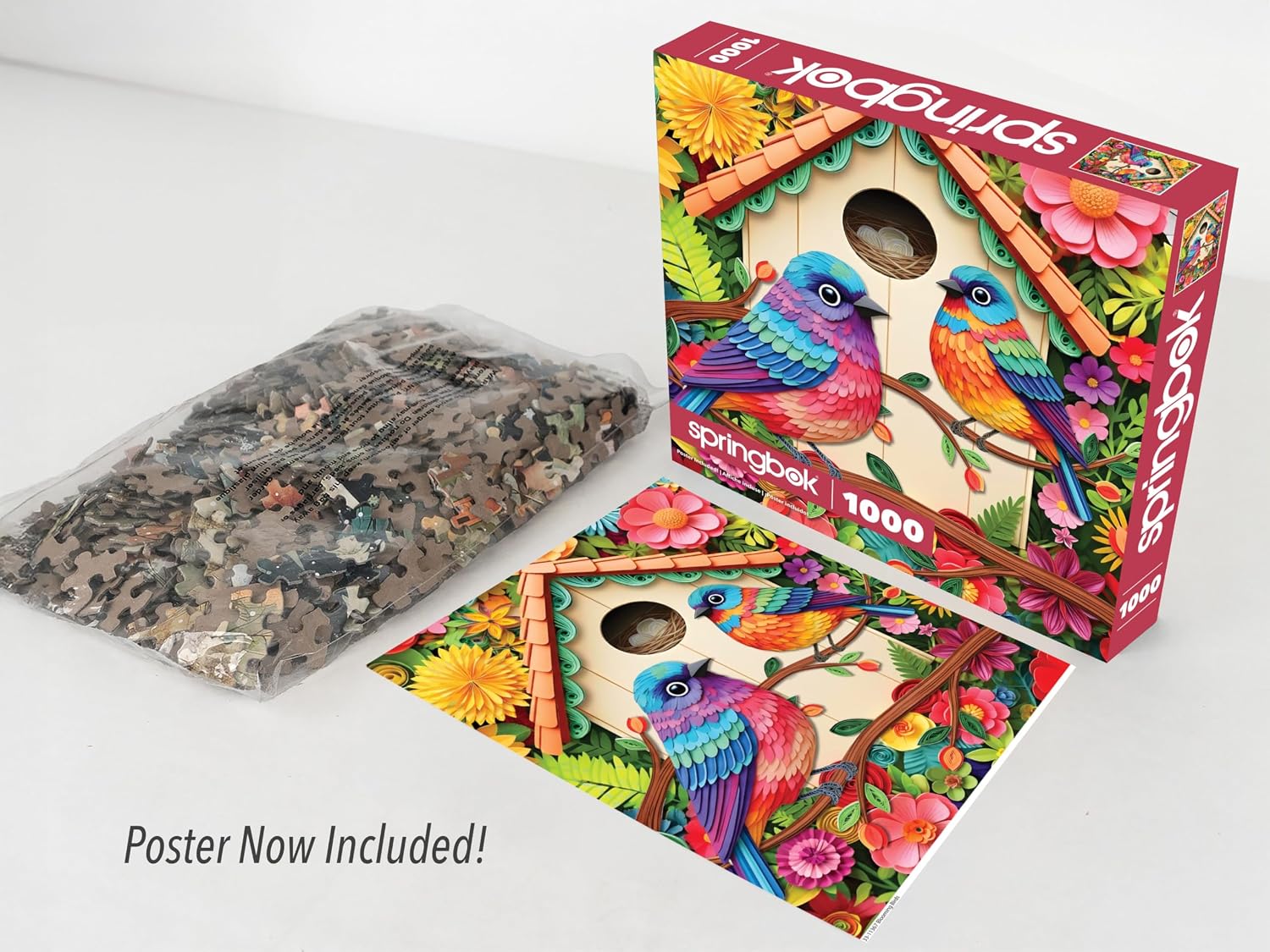 Springbok Blooming Birds 1000 Piece Jigsaw Puzzle for Adults - Poster Now Included - Colorful Bird House - Unique Cut Pieces - Made in USA image 2