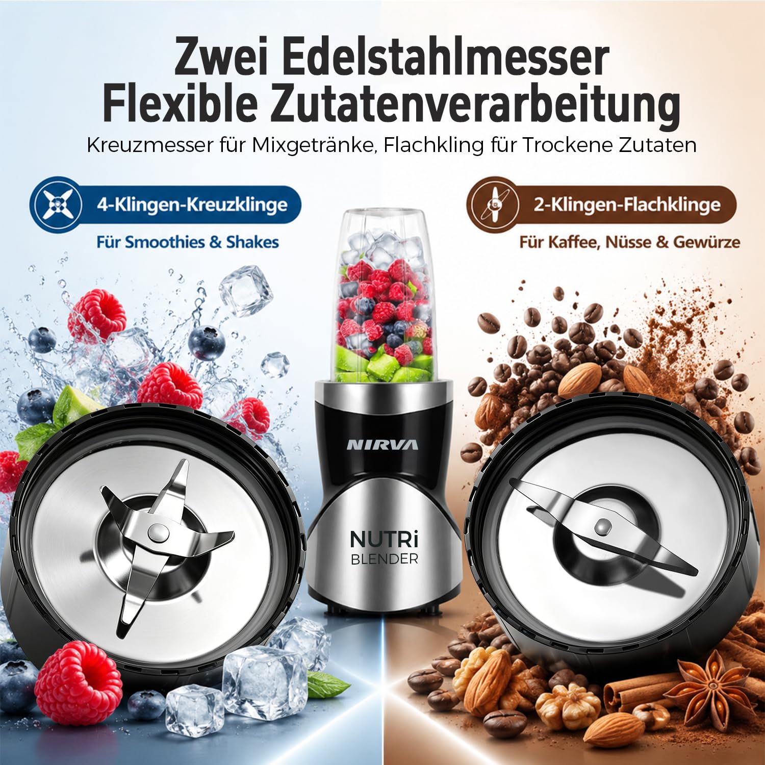 Nirva 4 in 1 Mini Mixer, Smoothie Maker mit 4 Tragbare, Mixbechern Zweiblatt und Vierblatt Edelstahlklingen,Blender elektrisch für Shake, Multifunktionsmixer für Ice, Obst, Gemüse, Nüsse