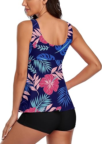 Miniatura 3 de Omichic Trajes de baño tankini modestos para mujer, trajes de baño de dos piezas, estampado floral, camiseta sin mangas con pantalones cortos