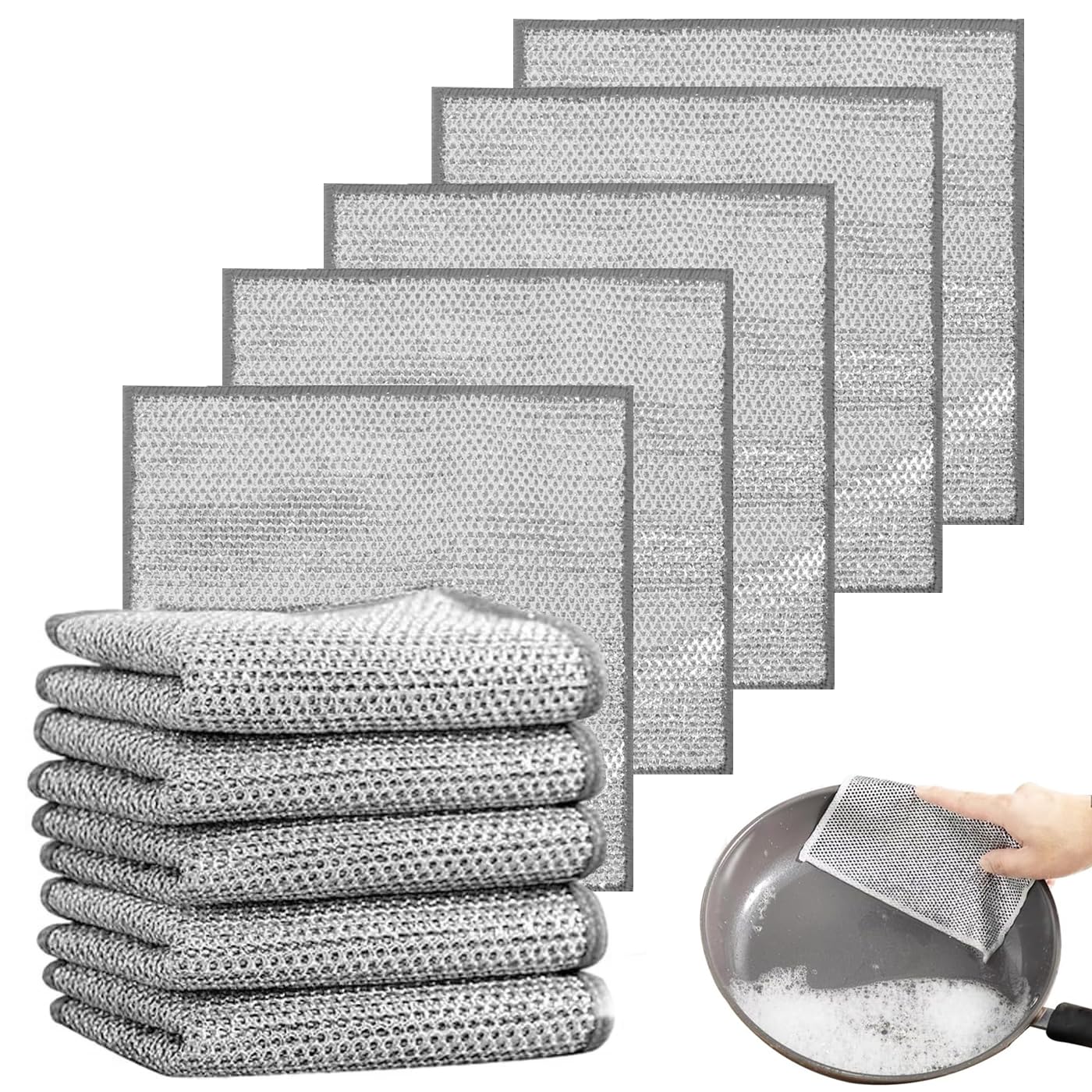 10PCS Multipurpose Non-Scratch Scrubbing Wire Dishwashing Rags, Wire Wool，Multipurpose Wire Dishwashing Rags for Wet and Dry, Resuable Kitchen Microfibre Cleaning Cloth (monolayer)(10)