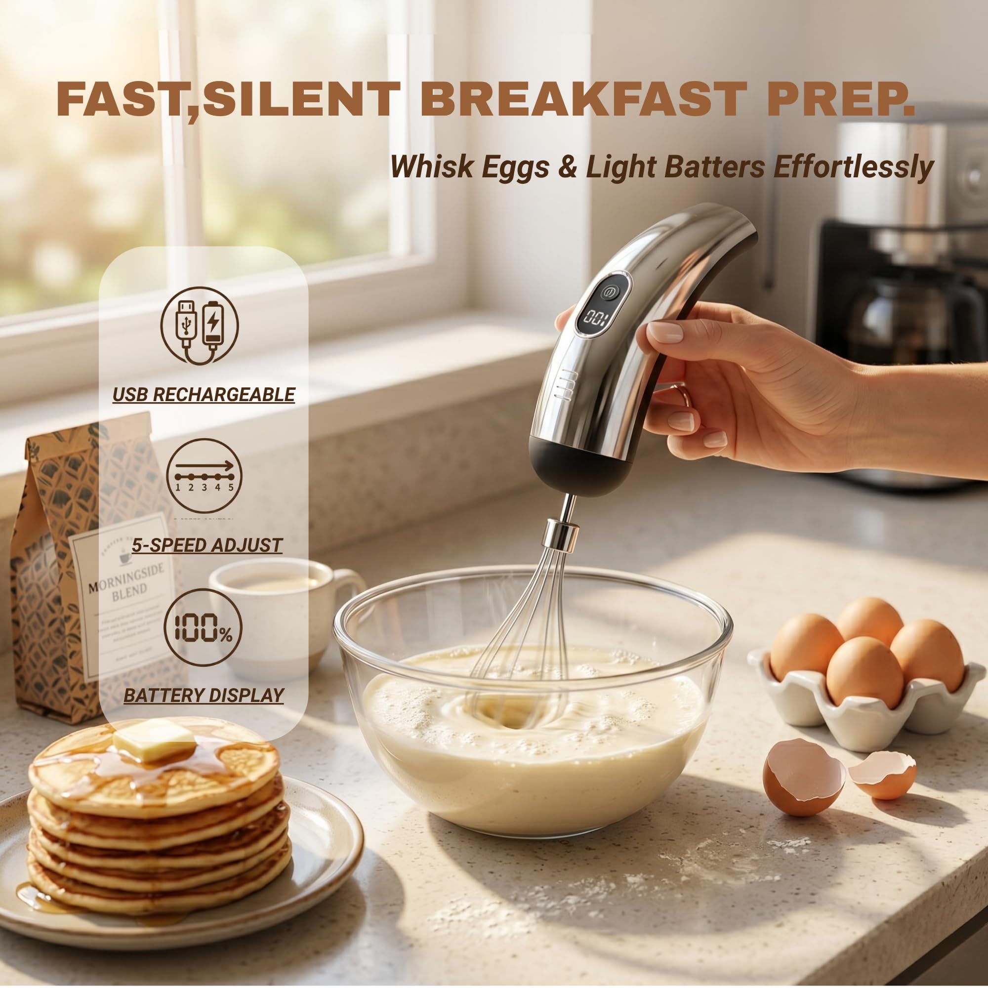 Batidora de mano inalámbrica recargable, pantalla digital de 5 velocidades, batidor de huevos inalámbrico con 2 batidores eléctricos, para bebidas y desayuno, cocinar u hornear en la cocina