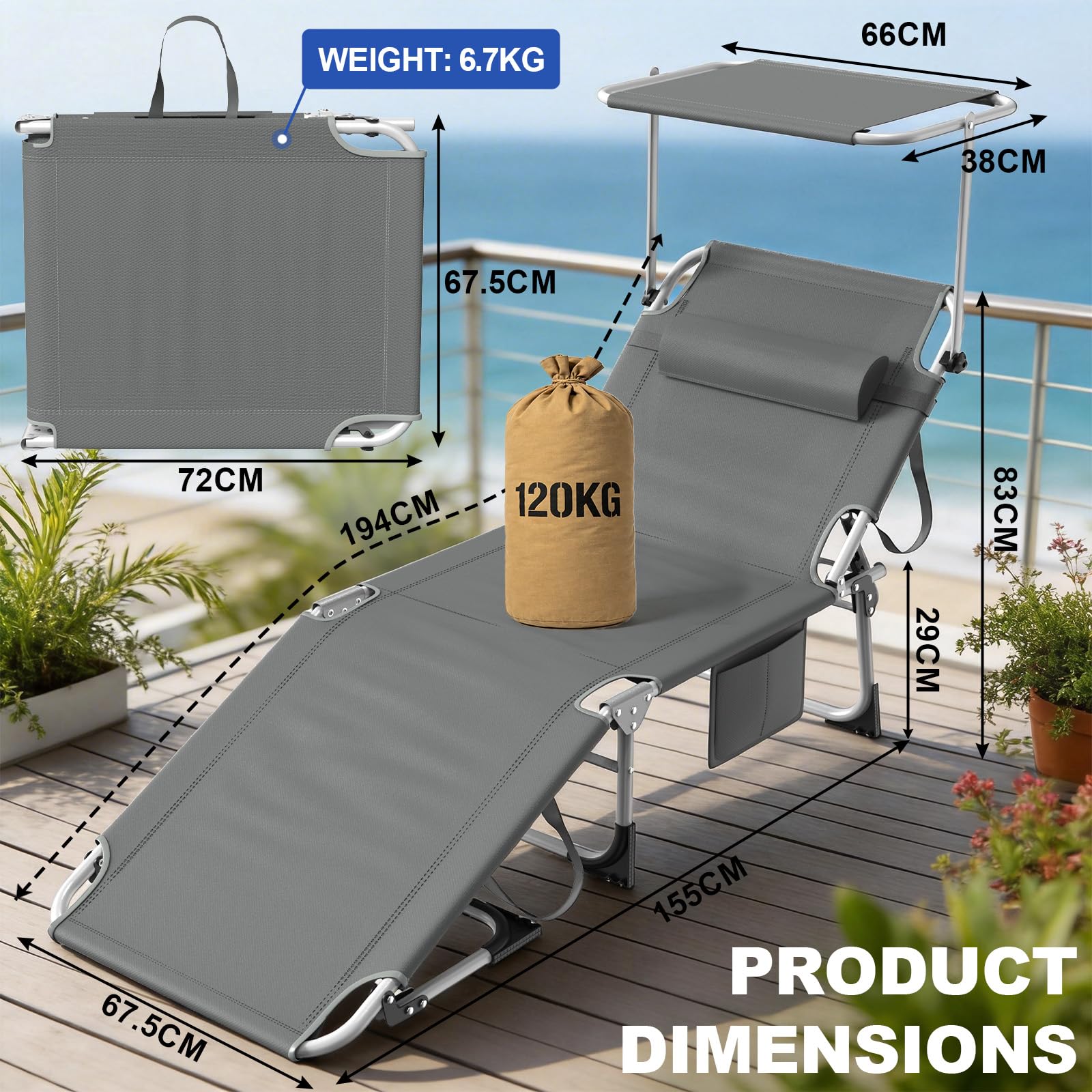 Verdego Große Sonnenliege mit Dach 194x67.5x29cm, Gartenliege Wetterfest mit Kopfkissen, Tragegriffe, Seitentasche, 600D Oxford, Liegestuhl Klappbar Verstellbarer Rückenlehne, Strandliege, Anthrazit