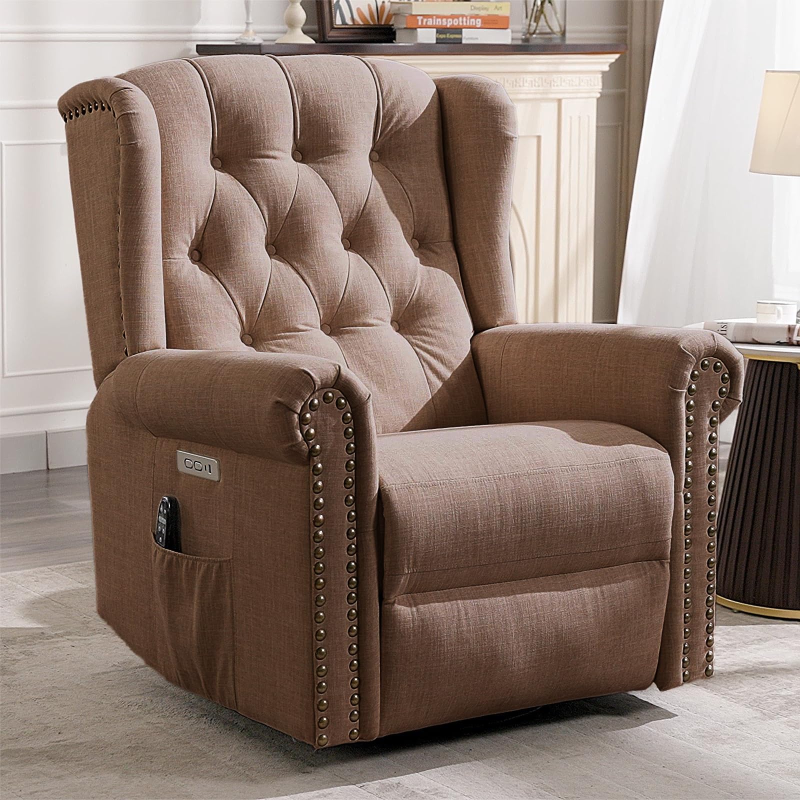 MEETWARM Power Swivel Rocking Glider Recliner Chair with Heat and Vibration, Electric Rocker Nursery Reclining Chair, Wingback Tufted Upholstered