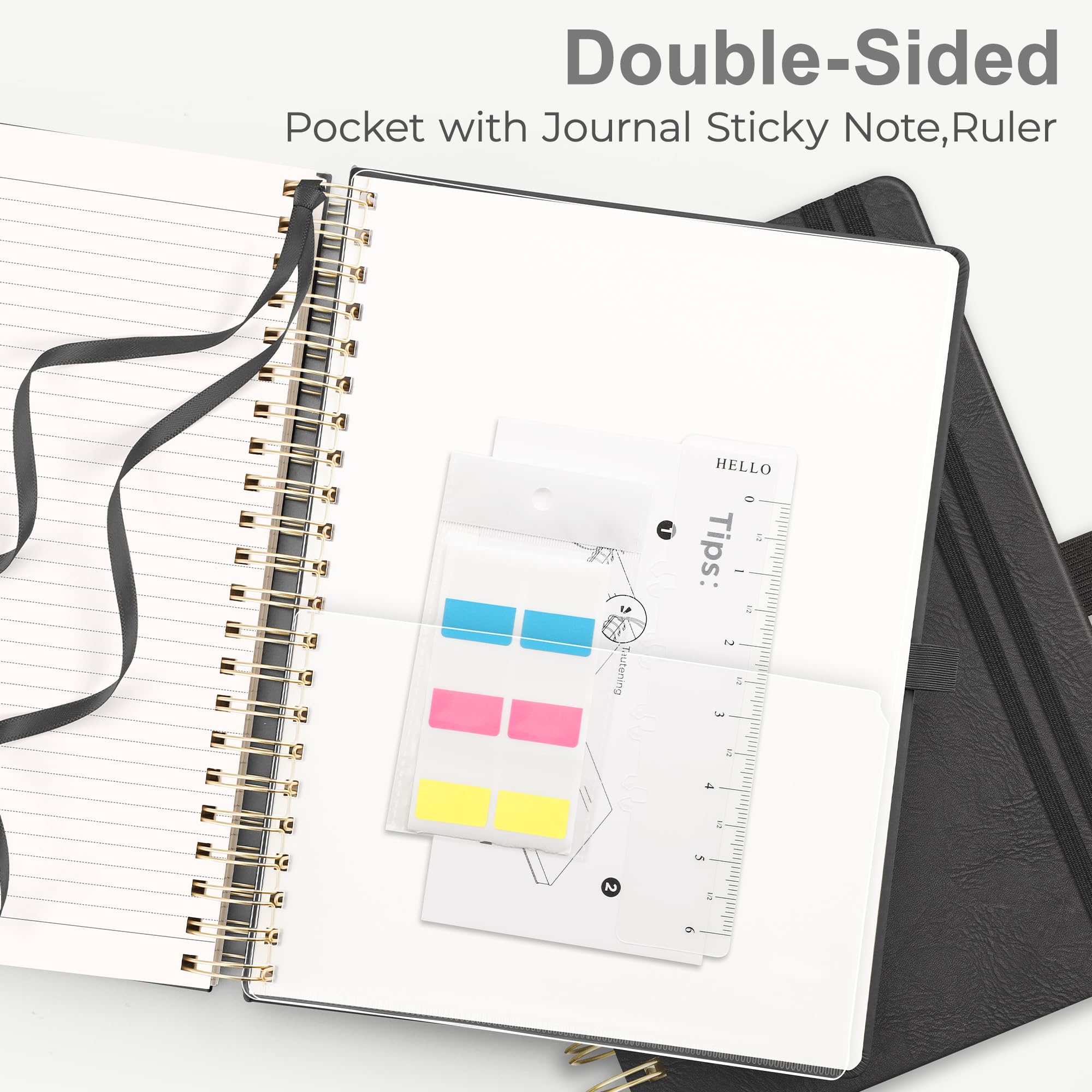 RETTACY Lined A4 Notebook Spiral Bound College Ruled Notebook 300 Pages Thick Journal,Hardcover Leather Notepad for Work School,100gsm,Sticky Notes,21.5 x 27.9cm - Image 4