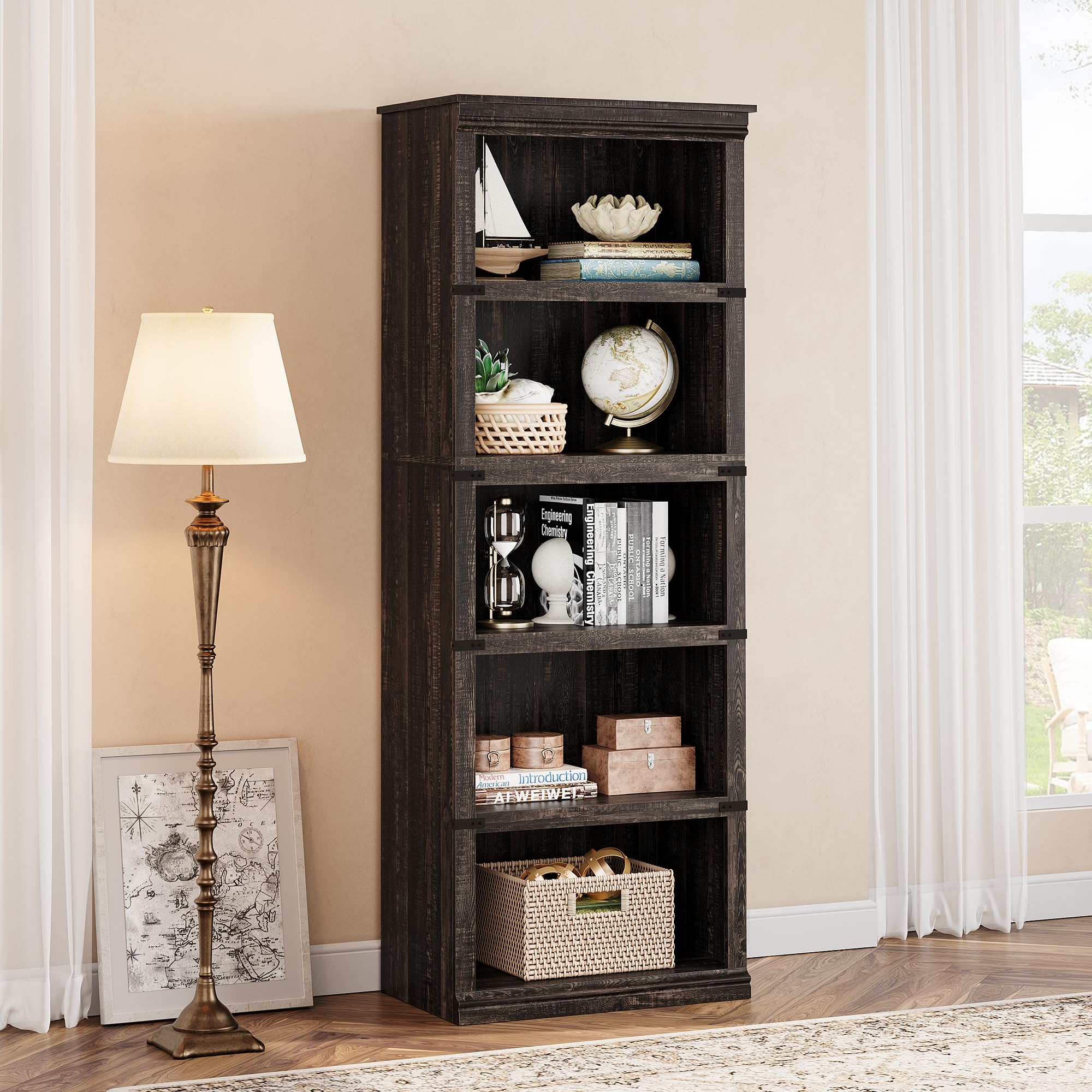 CABIHOME 71" Tall 5-Tier Wooden Bookcase - Farmhouse Style Book Shelf with Storage for Home Office, Living Room, Bedroom,Deep Oak