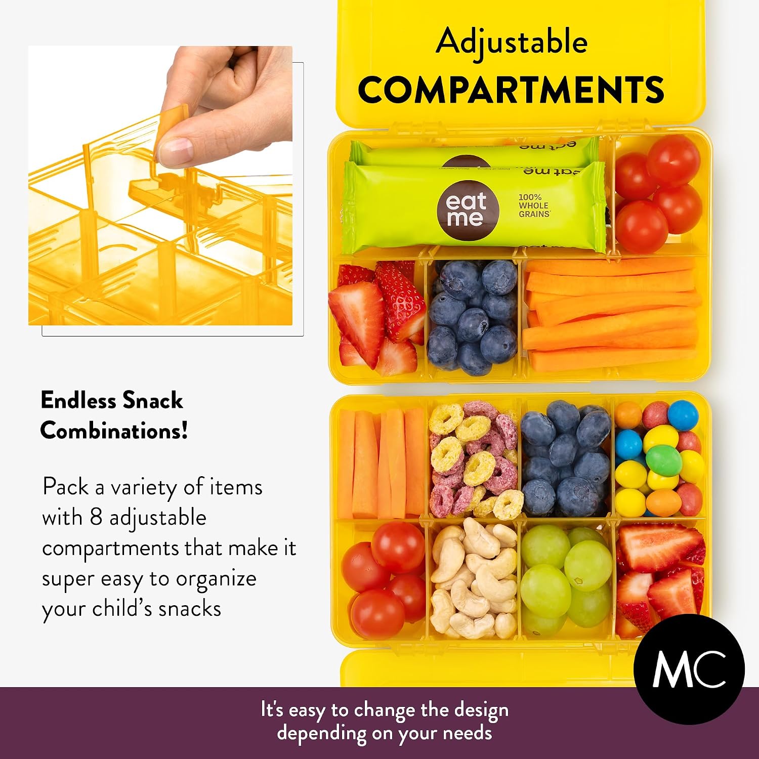 Snack Box Containers Set of 2-Reusable,100 Dissolvable Labels, 8 Adjustable Compartments, Dishwasher Safe, BPA-Free, Meal Prep Container, PARENT TESTED PARENT APPROVED AWARD (2 Pack) (Yellow) image 5
