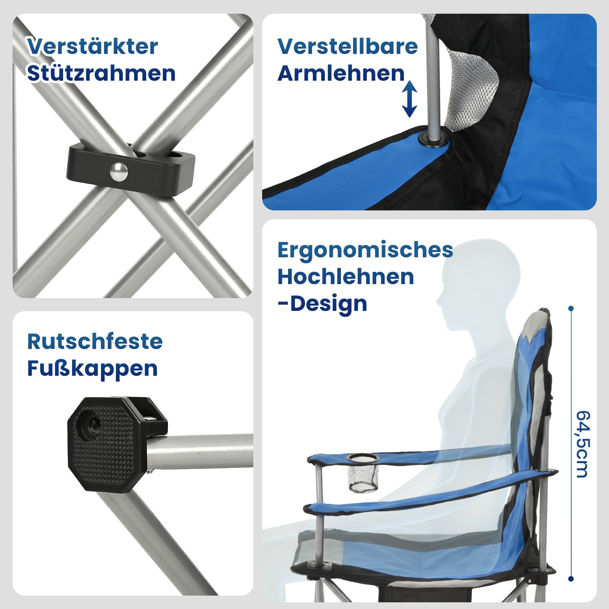 ROPODA Campingstuhl Faltbar, Klappstuhl Camping 150kg mit Hoher Rückenlehne, Armlehnen, Getränkehalter & Seitentasche, Gepolsterter Camping Stuhl für Outdoor, Garten, Angeln, Strand, Blau