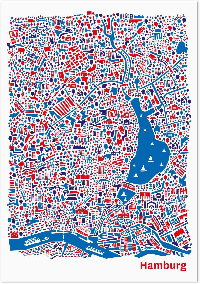 Hamburg Poster – Map Art Print Bright Vertical Format with the port city Speicherstadt, Hamburg Port, Reeperbahn, Jetties and Fish Market Places, multicoloured, 70 x 100 cm