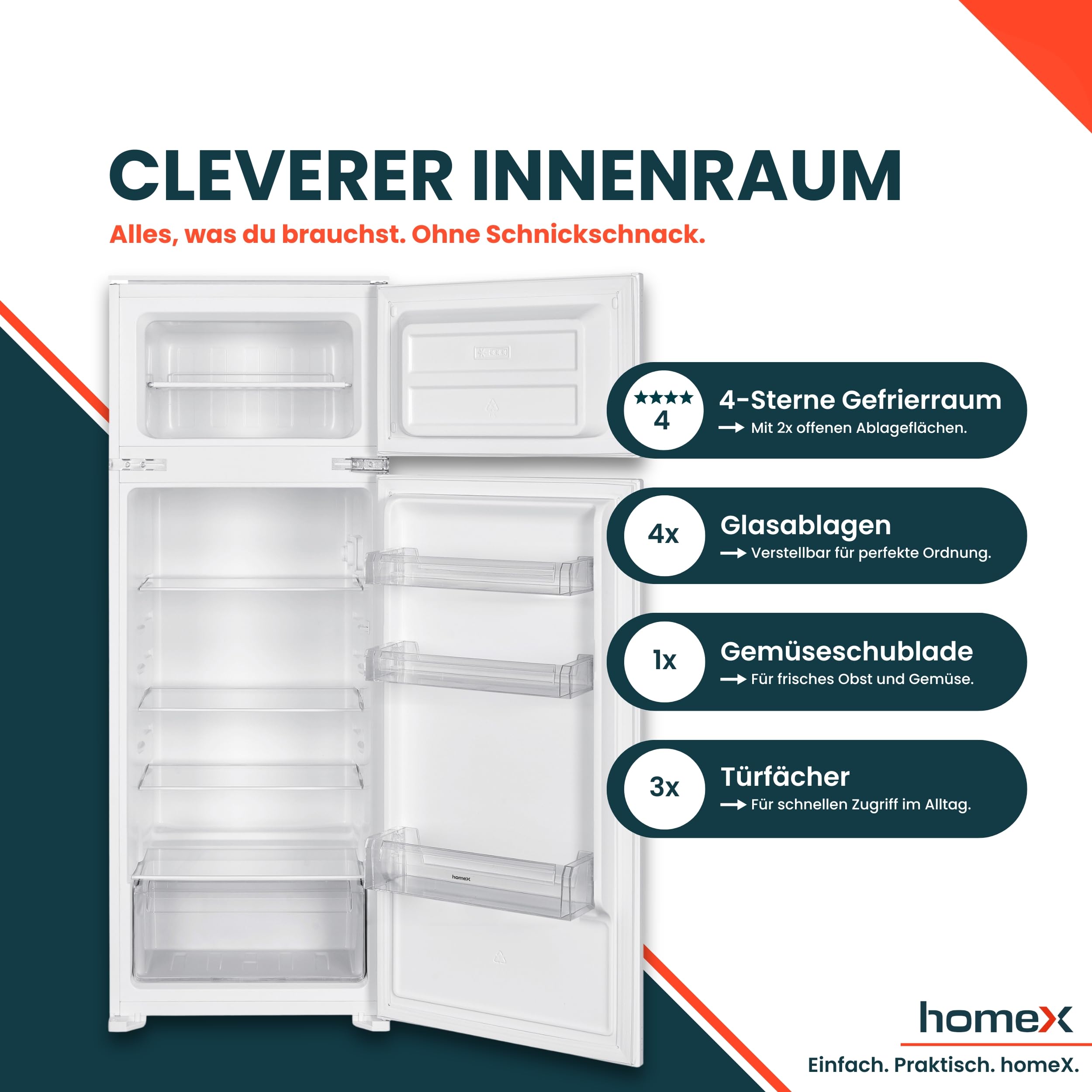 homeX CFB2051E Einbaukühlschrank mit Gefrierfach 145cm Nische 205 Liter | Einbau Kühl Gefrierkombination, Schlepptürtechnik, LED-Beleuchtung, leise 37 dB, Türanschlag wechselbar, 4-Sterne Gefrieren