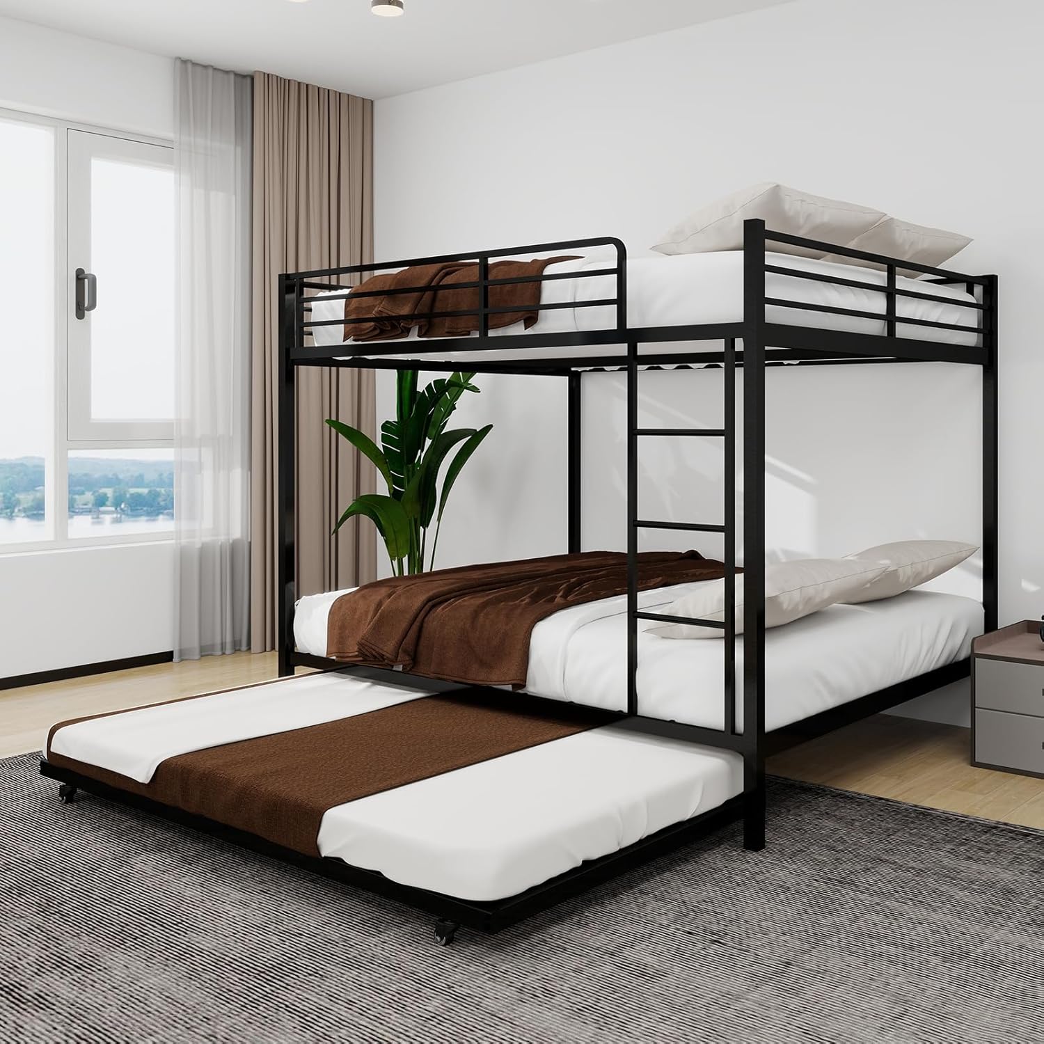 Bellemave Metal Bunk Bed with Trundle, Full Over Full Bunk Twin Trundle and Guardrail and Ladder for Kids/Teenagers, Adults, Black