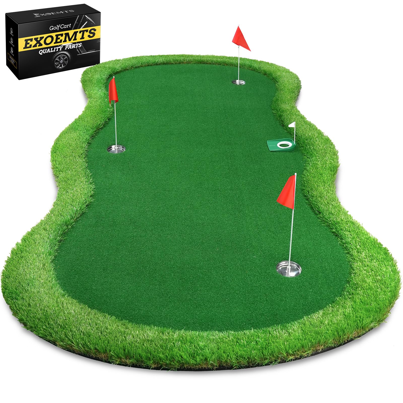 Photo 1 of EXOEMTS Thickened Realistic Golf Putting Green, 5 x 10ft Professional Golf Practice Training Mat for Indoor Outdoor, 3 Holes, Long Challenging Game Green Mat for Children with Training Aid Put Cup