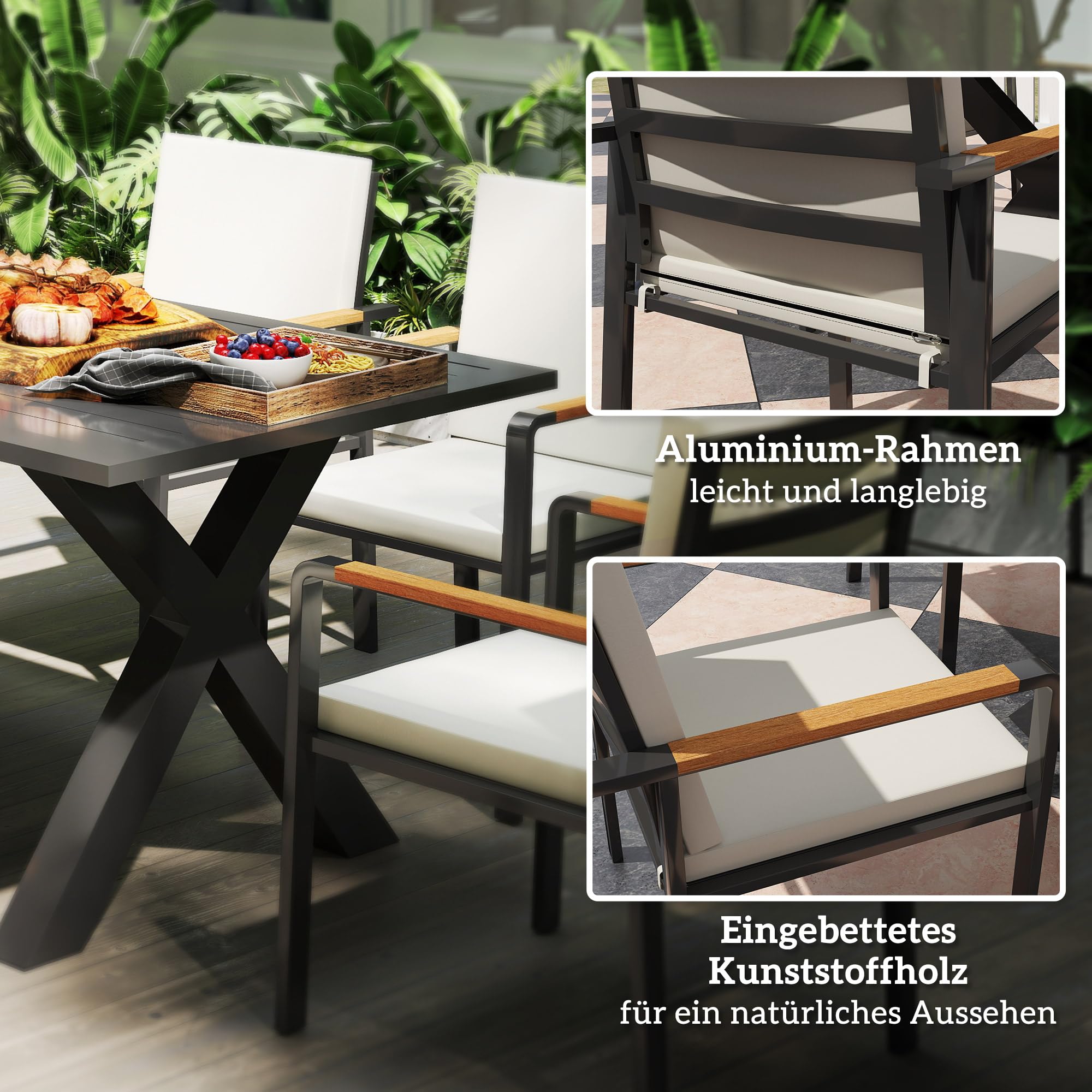 Outsunny Sitzgruppe 7tlg. Balkonset Essgruppe Balkonmöbel 1 Tisch+6 Stühle Gartenmöbel Set Sitzgarnitur mit Auflagen wetterfest Aluminiumrahmen Schwarz+Grau