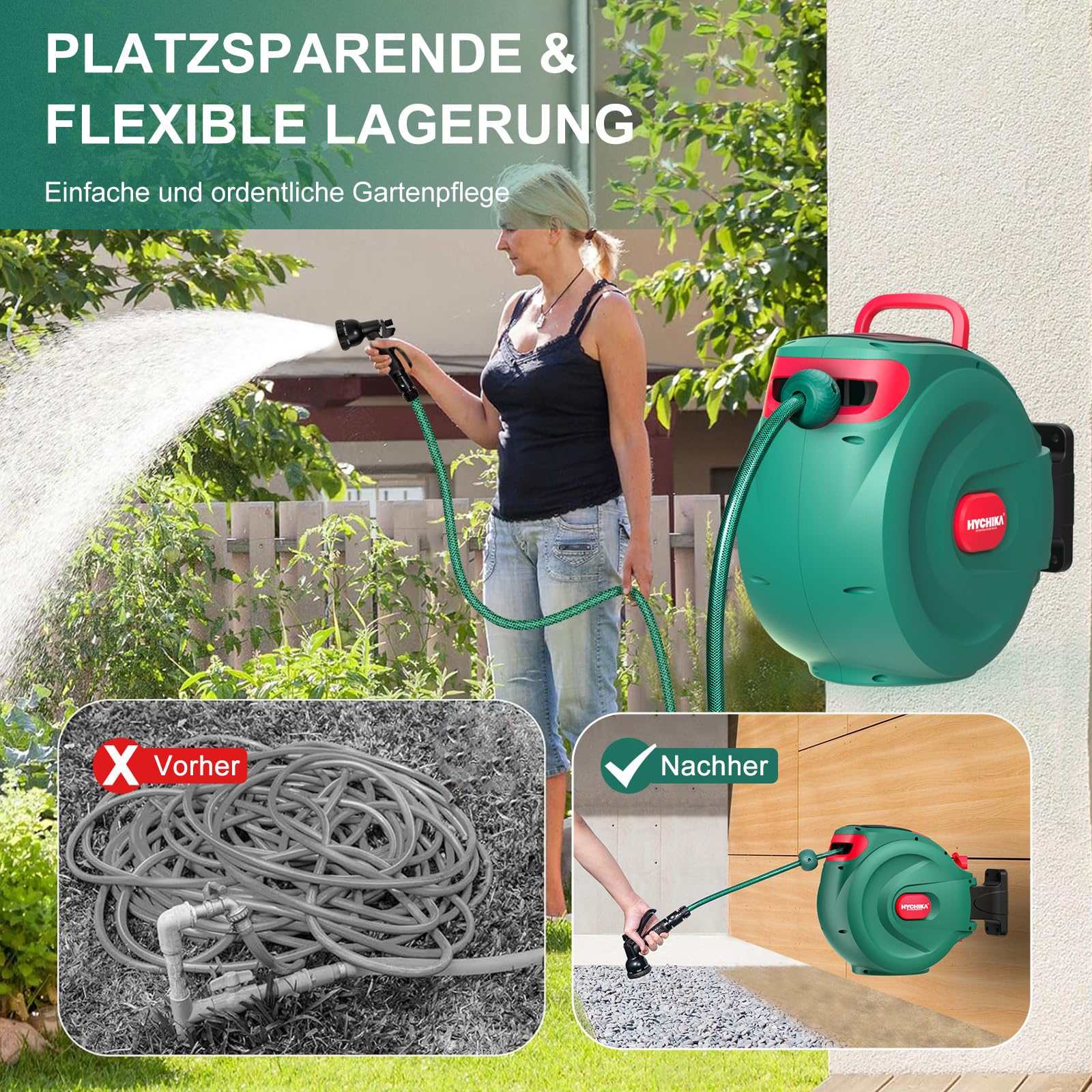 HYCHIKA Schlauchtrommel 30M - Wandmontierte Dehnbarer Gartenschlauch für den Garten, Auto Lock und Rewind, 8 Funktion Sprühpistole, 180°Schwenkbare Schlauchbox, Outdoor Bewässerung Sicher Speichern