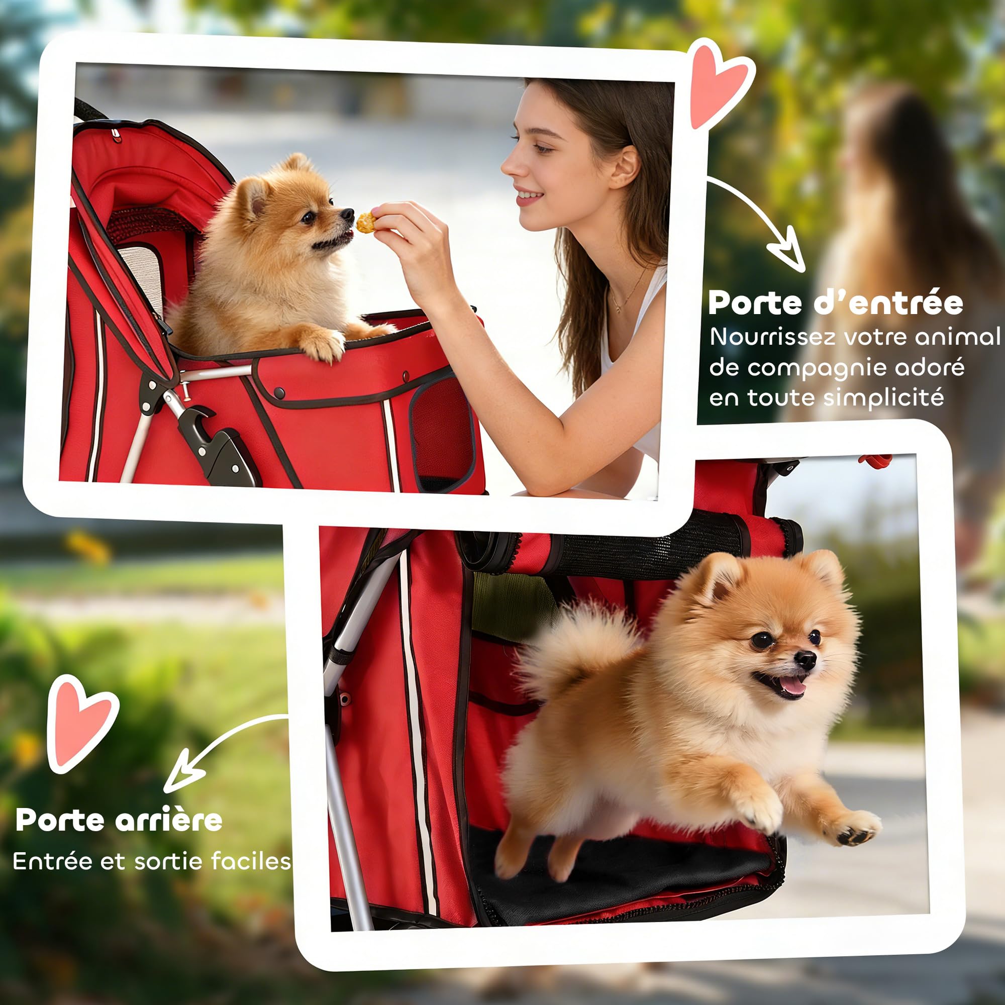 Poussette Buggy Pliable Animaux, Chariot Pliante Imperméable pour Chien et Chat, Toit Amovible Incluse, Porte-Gobelet, Panier de Rangement, Roues avec Frein, Tissu 600D Oxford, Acier, Rouge