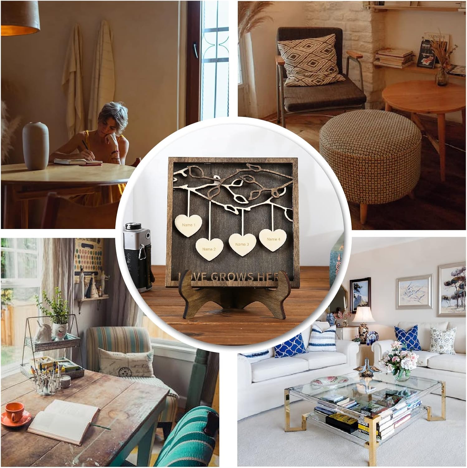 Jeweidea Personalized Family Sign with 2-9 Names Custom Wooden Tree of Life Frame Engraved Wood Plaques Decor Birthday Gift for Mom Women (4 Names)