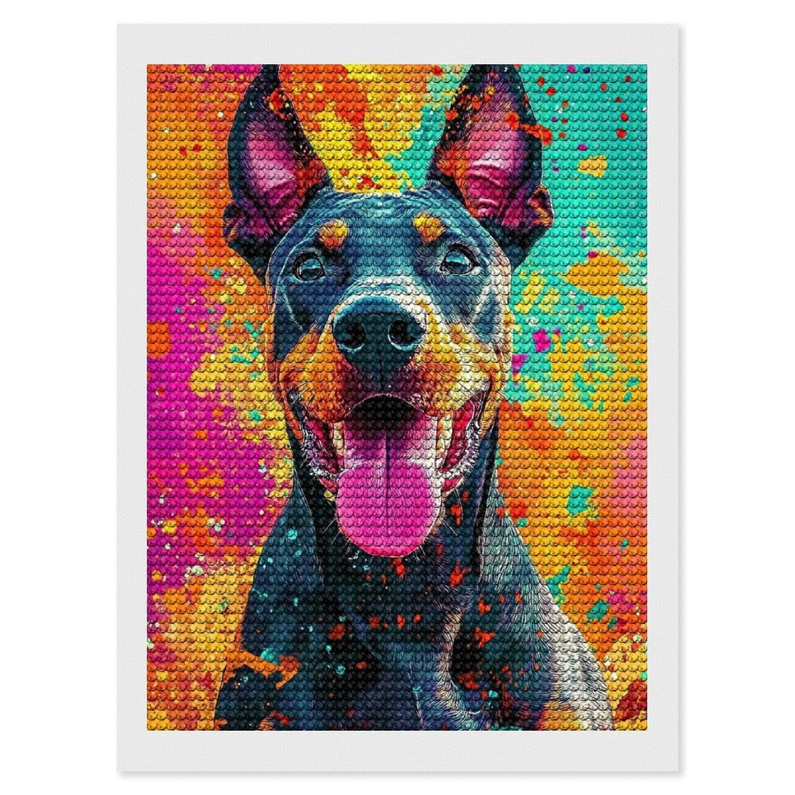 Junmoney Doberman in Splatter Art Diamond Art Kit 12"x16", Holiday Gift Idea, for Women, Easy Handmade Project, Vintage Style Decor, Printed Canvas