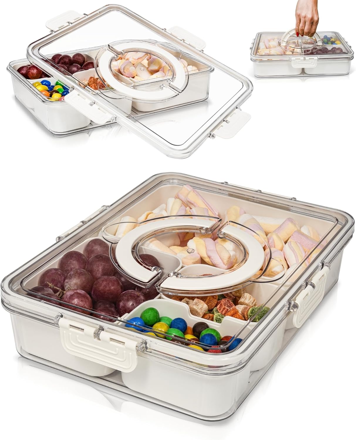 (Similar to photo) Mason & Meadow Portable Serving Tray with Unique 4-Compartment Design – Snackle Box Organizer with Lid and Handle for Candy, Fruits, Nuts, and Snacks (Creamy White, 4 compartment) Creamy White 4 compartment