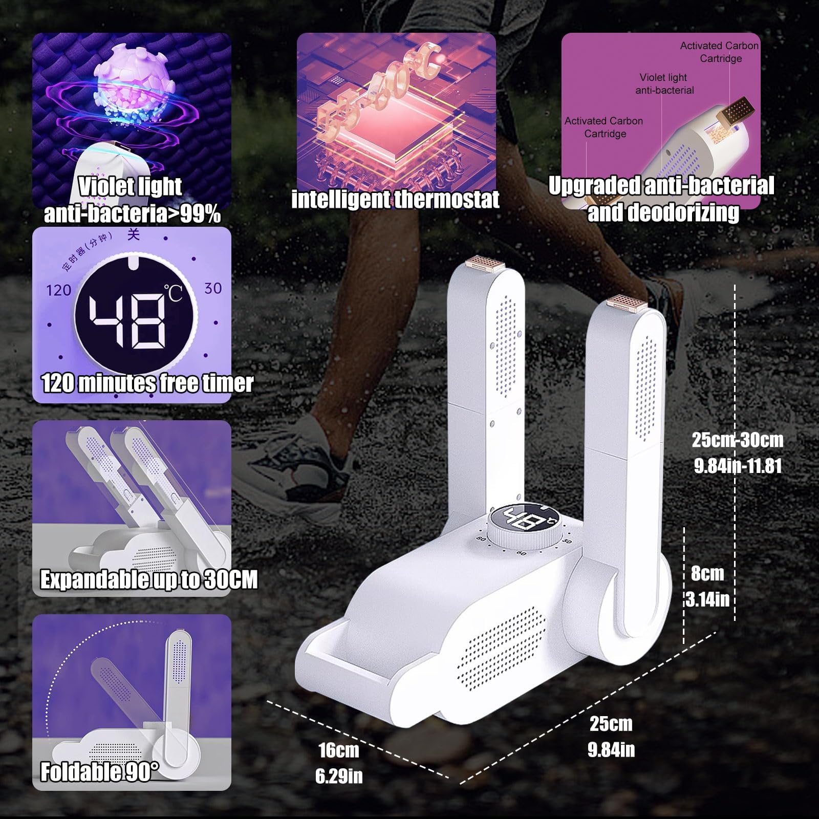 Seche Chaussure Electrique avec Minuterie, Lumière Violette et Charbon Actif - Sèche-Bottes Antibactérien