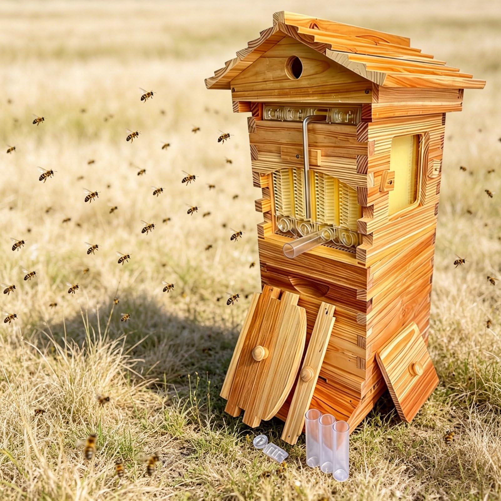 Pvxa Beehive Starter Kit Complete Bee Box, with Observation Window & Honey Spout Bee Hive,Wooden Bee Hives Boxes Starter Kit, Ideal for Honey Harvesting in Your Own Garden