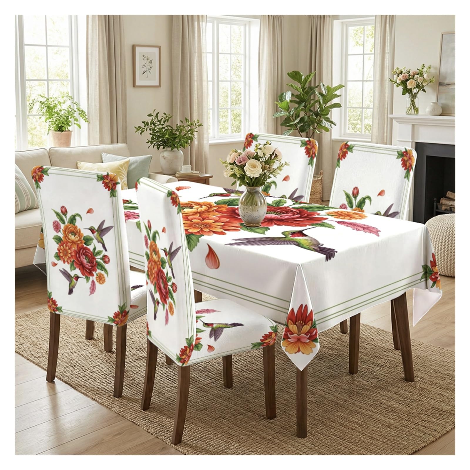KXUAUV Floral & Hummingbird Print Stretch Dining Chair Covers & Tablecloth Set, 5/7 Pack Party Decor(5pcs Set: Tablecloth+Chair Covers)