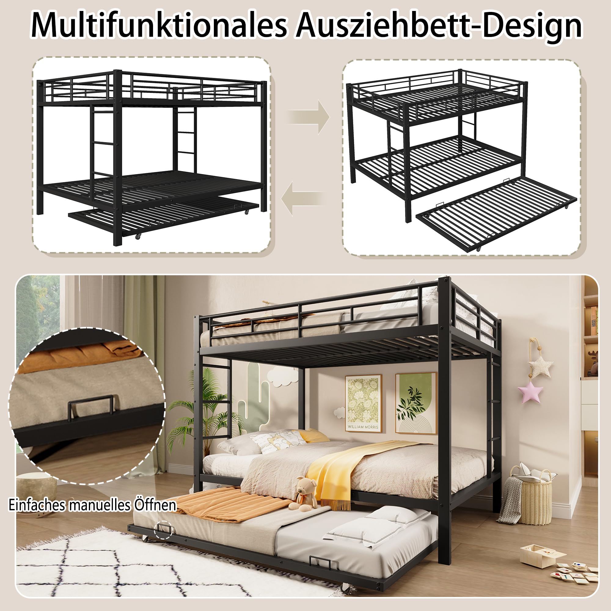 Letto a castello 140x200 cm, con telaio in ferro con sponde laterali e scala di sicurezza, dotato di letto estraibile, per camerette per bambini o dormitori per adulti, senza materasso (nero)