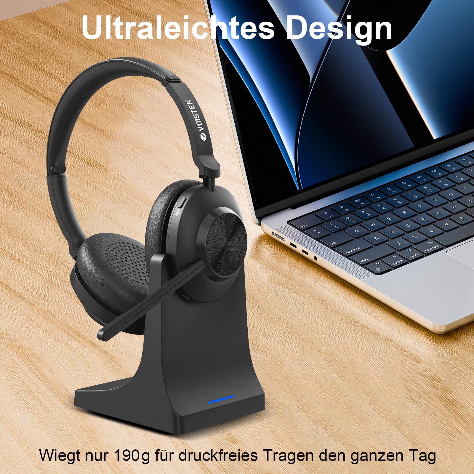 Voistek Kabelloses Headset, Bluetooth-Headset mit Mikrofon und Rauschunterdrückung,USB-Dongle für PC, Mikrofon-Stummschaltung & Ladestation für Computer/Handy/Meeting/Call Center/Büro