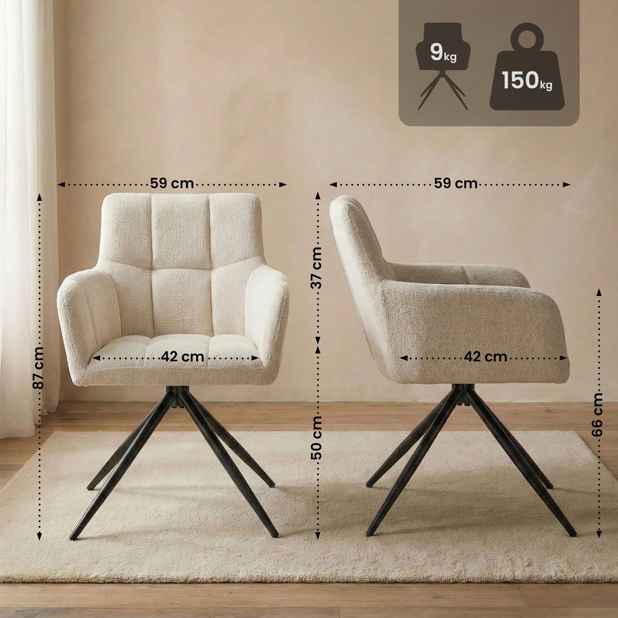 CLP Juego de 2 sillas de Comedor, Sillón Jonah Giratorio con Brazos, Silla Moderna para salón, soporta hasta 150 kg Color:Crema