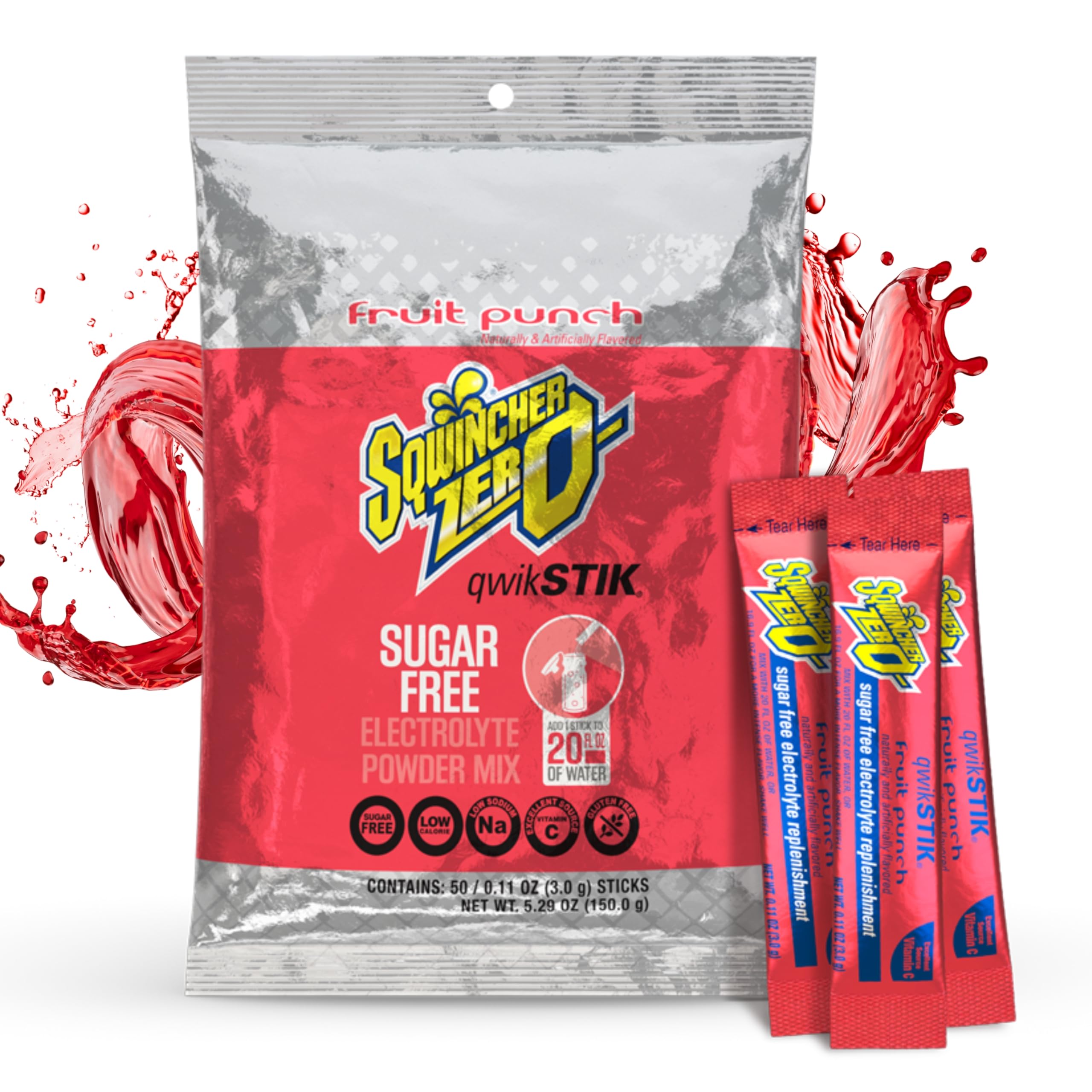 Sqwincher Zero Qwik Stik Sugar Free, Fruit Punch, .11 0z (Pack of 50)