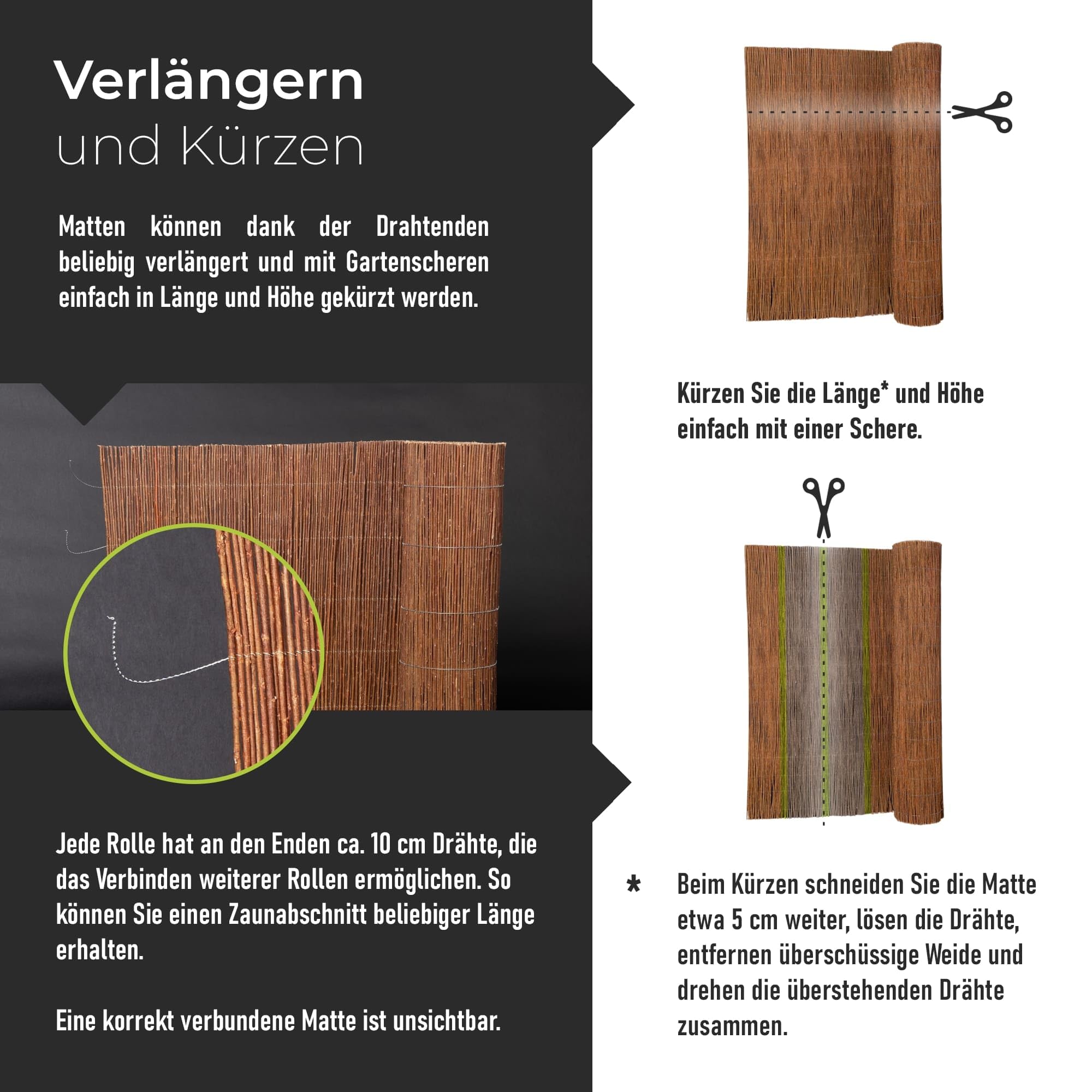 Weidenmatte 90 x 500 cm - natürlicher Sichtschutz für Garten, Balkon und Terrasse, Sichtschutzzaun in 60 Größen, Sichtschutzmatte Gartenzaun - Windschutz & Sonnenschutz