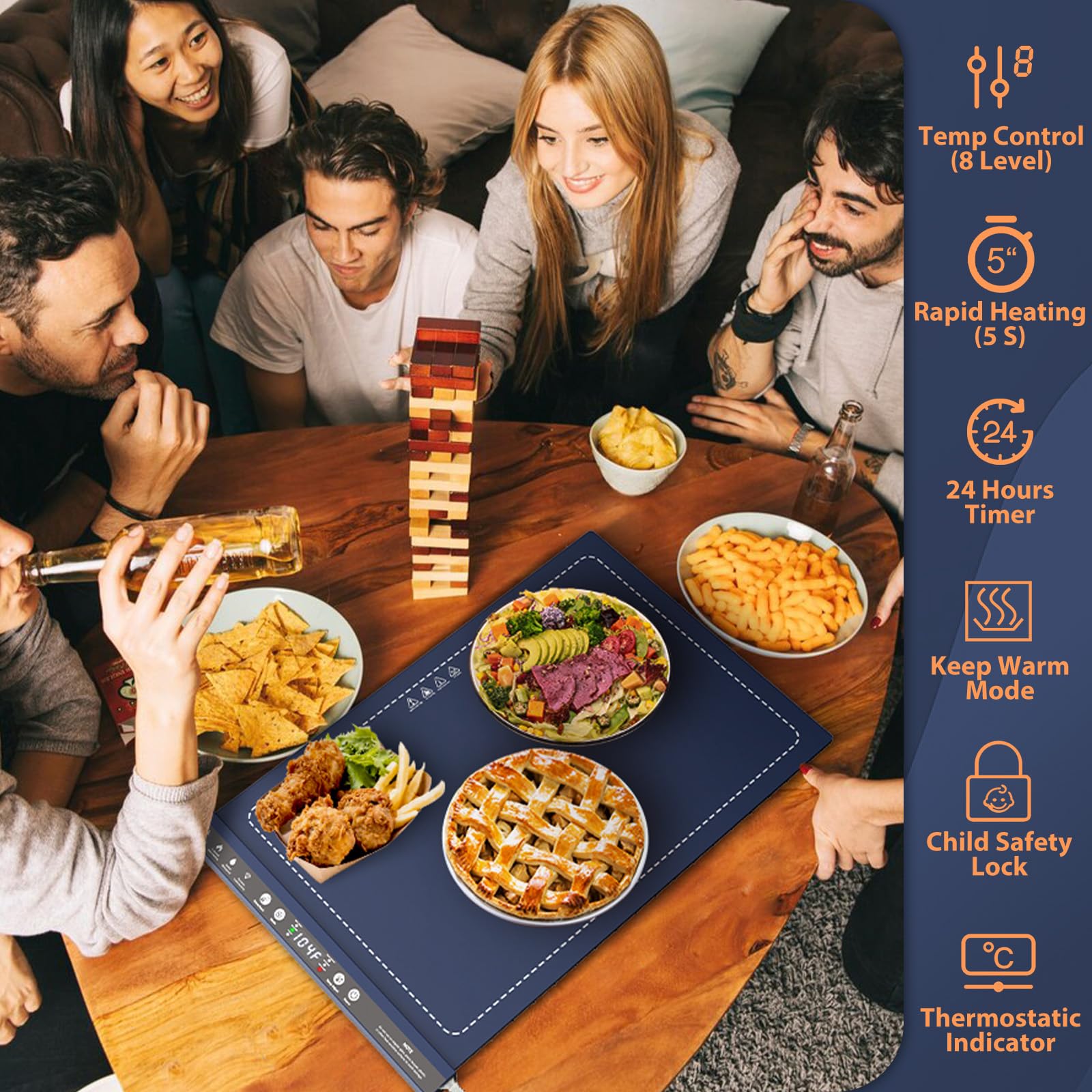 GRACEALL Electric Food Warming Mat, Full Surface Warming Mat for Food, Silicone Warmer Tray for Buffets Party, Tailgating Gathering with 8 Adjustable Temperature, 24H Keep Warm