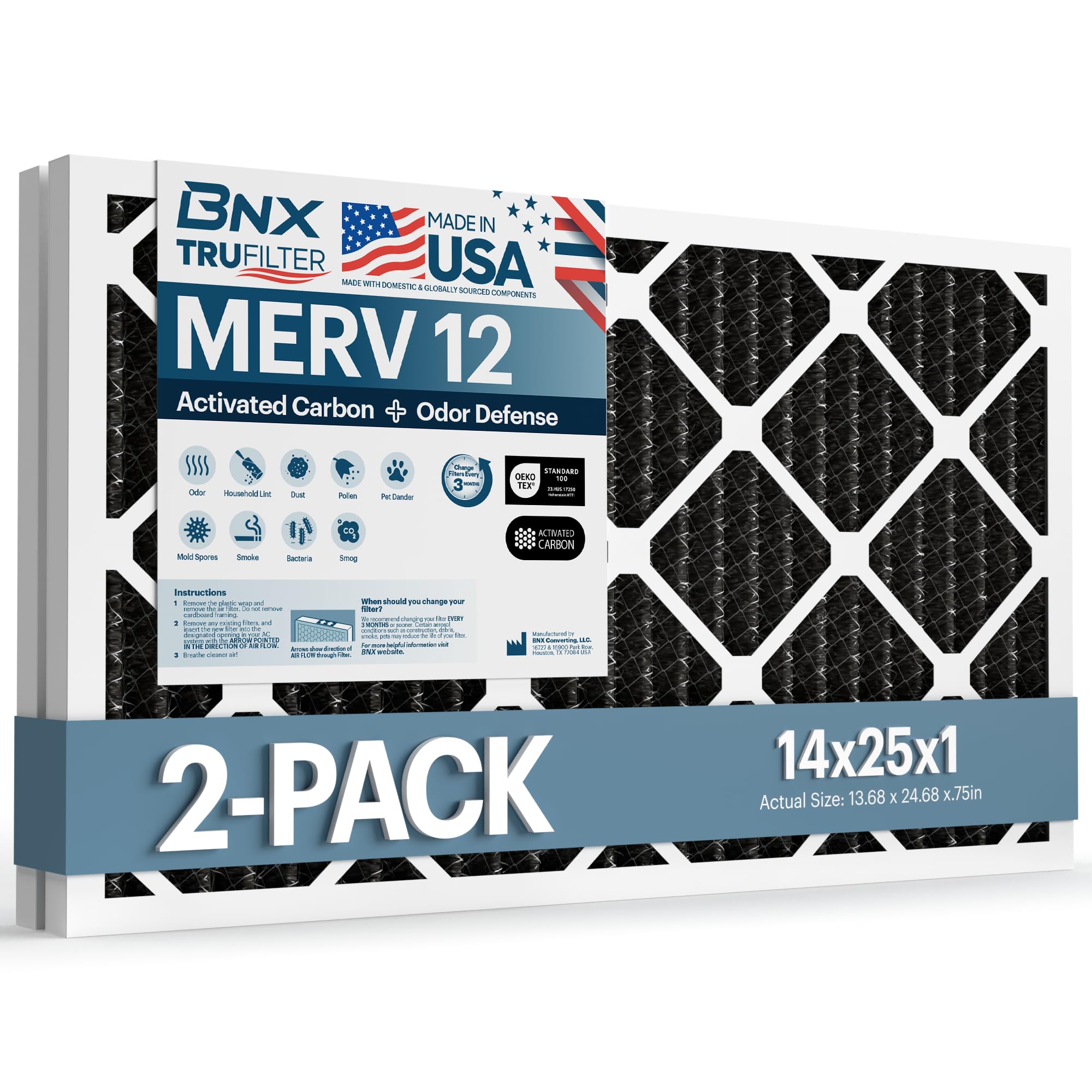 BNX TruFilter 14x25x1 MERV 12 Odor Defense (2-Pack)