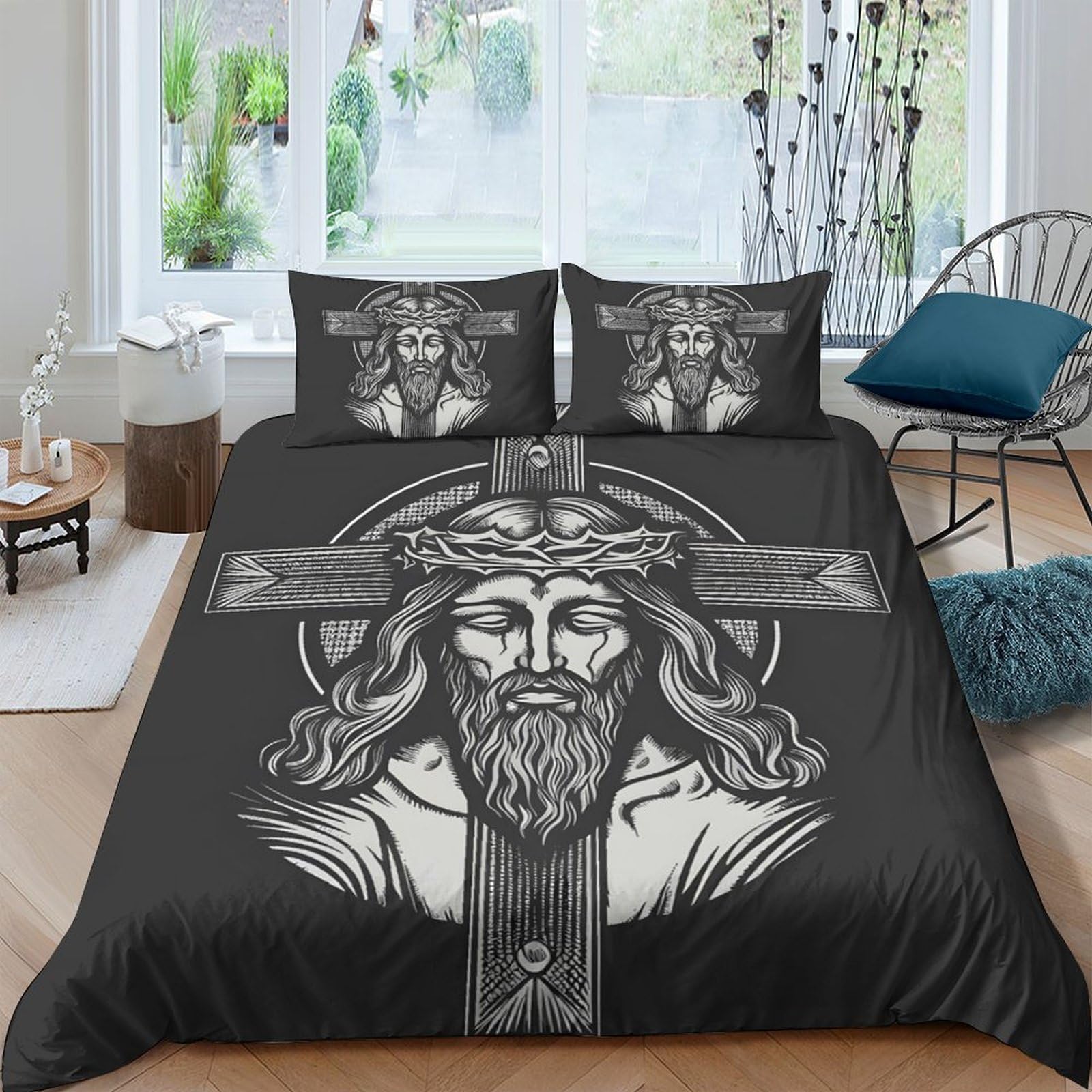 Ctjqhvkz Style-1 3D Printed Jesus Cross Fitted Sheet Microfiber Soft Black Religious Bed Cover For Bedroom Dorm Dustproof Decor Single（135X200cm）