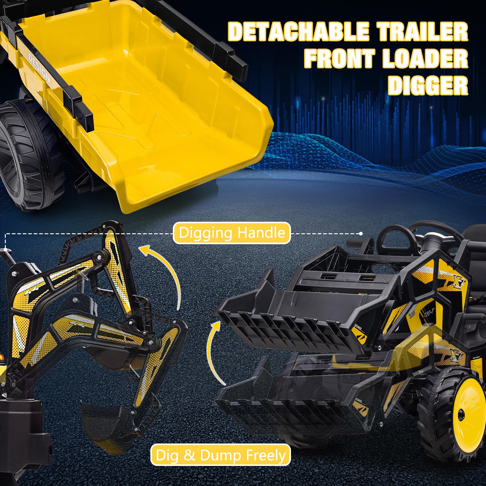 GAOMON 3 in 1 Kids Ride on Tractor, Excavator & Bulldozer, 24V Electric Vehicles w/Trailer, Shovel Bucket, Digger, Remote Control, EVA Tires, LED Lights, Kids Ride on Toys Car, Yellow