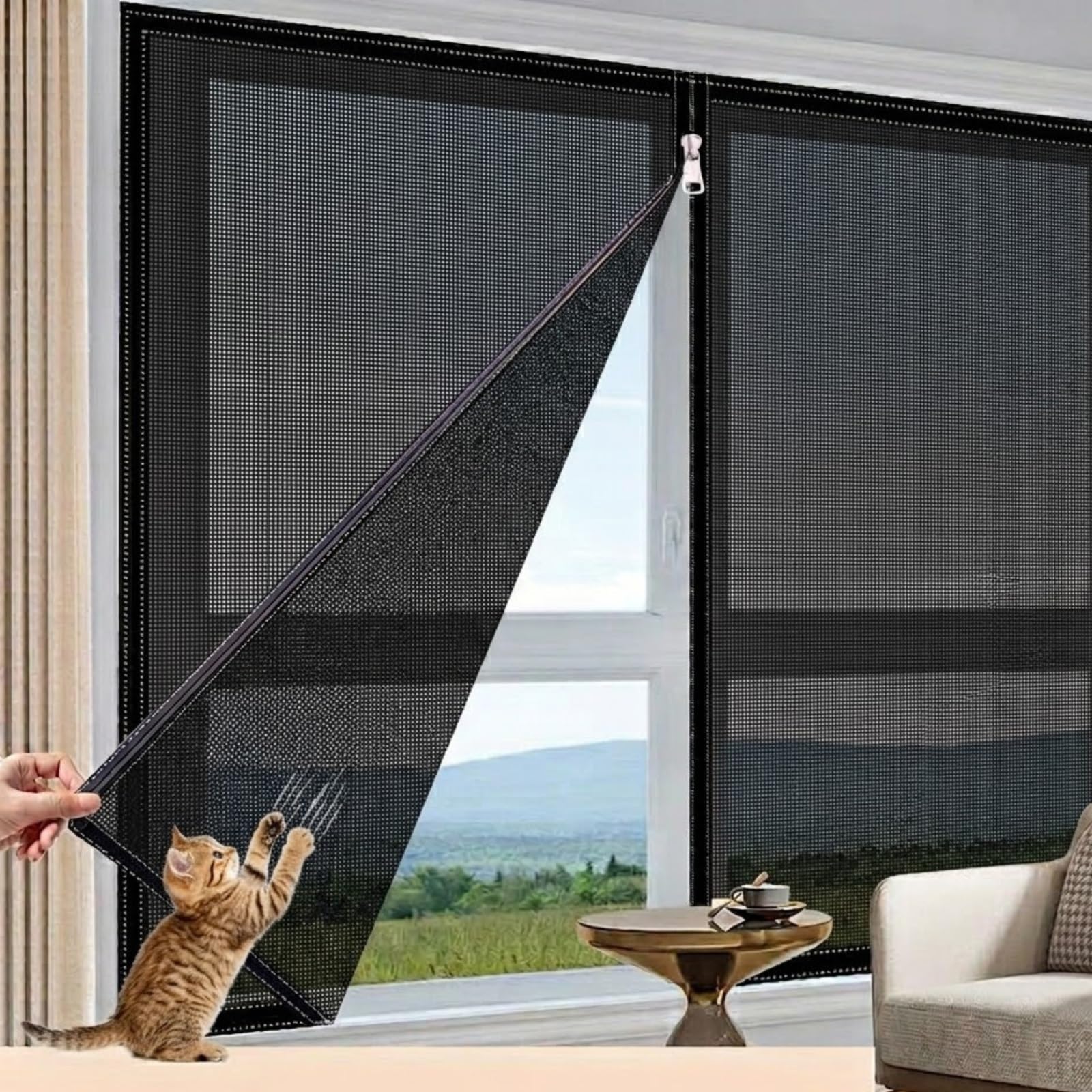 Fiberglass Mesh Window Screen Zipper Version Hook Loop, Cat Scratch Resistant Washable Mesh Curtain for Pets Caravan Bedroom Kitchen, Air Flow Friendly Self-Adhesive Screen(Black,60x100cm)