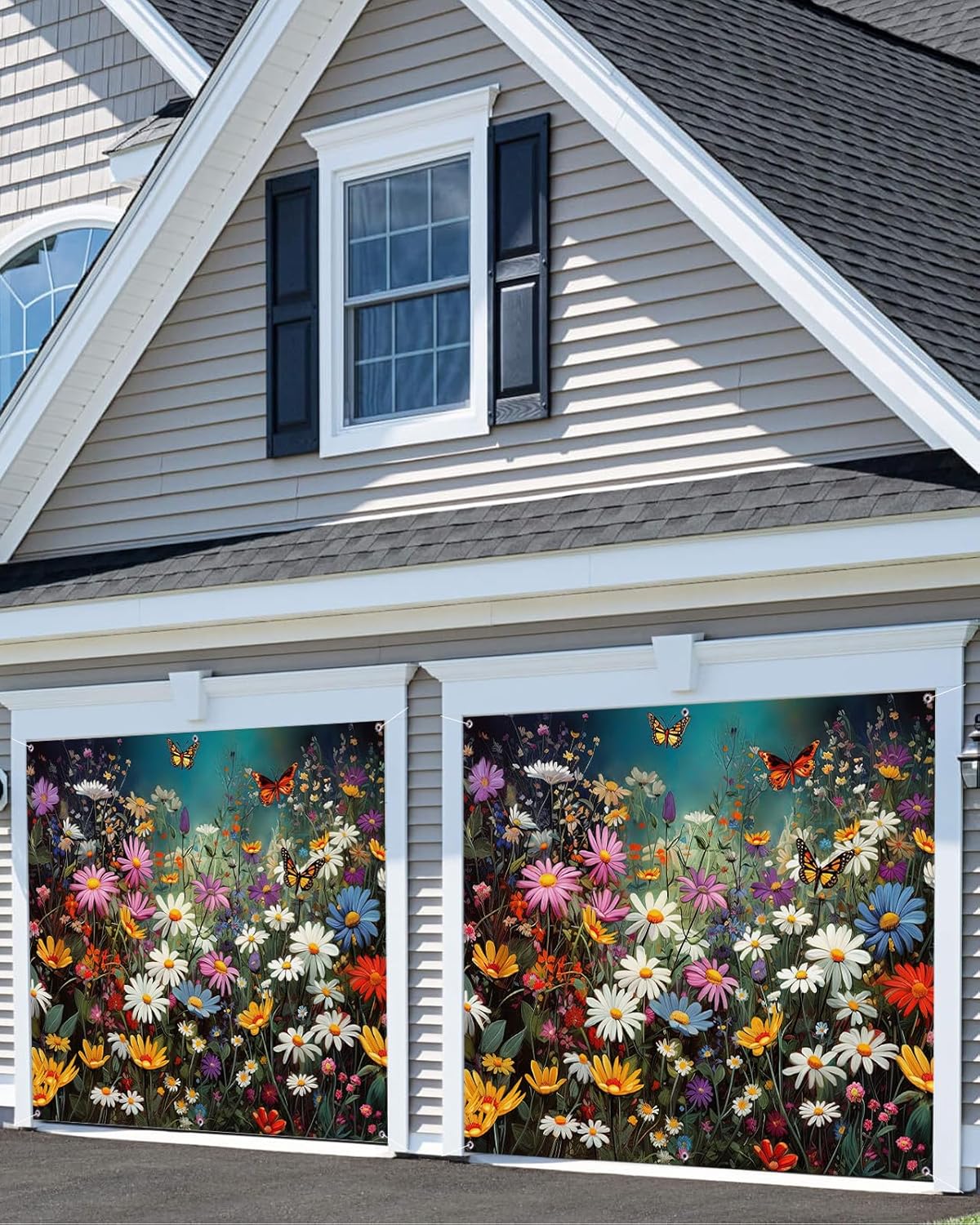 Spring Floral Garage Door Banner Cover, Hanging Garage Door Decorations, Colorful Daisy Summer Botanical Butterfly Holiday Garage Door Covers for Party Indoor Outdoor Wall Decor 7x8Ft