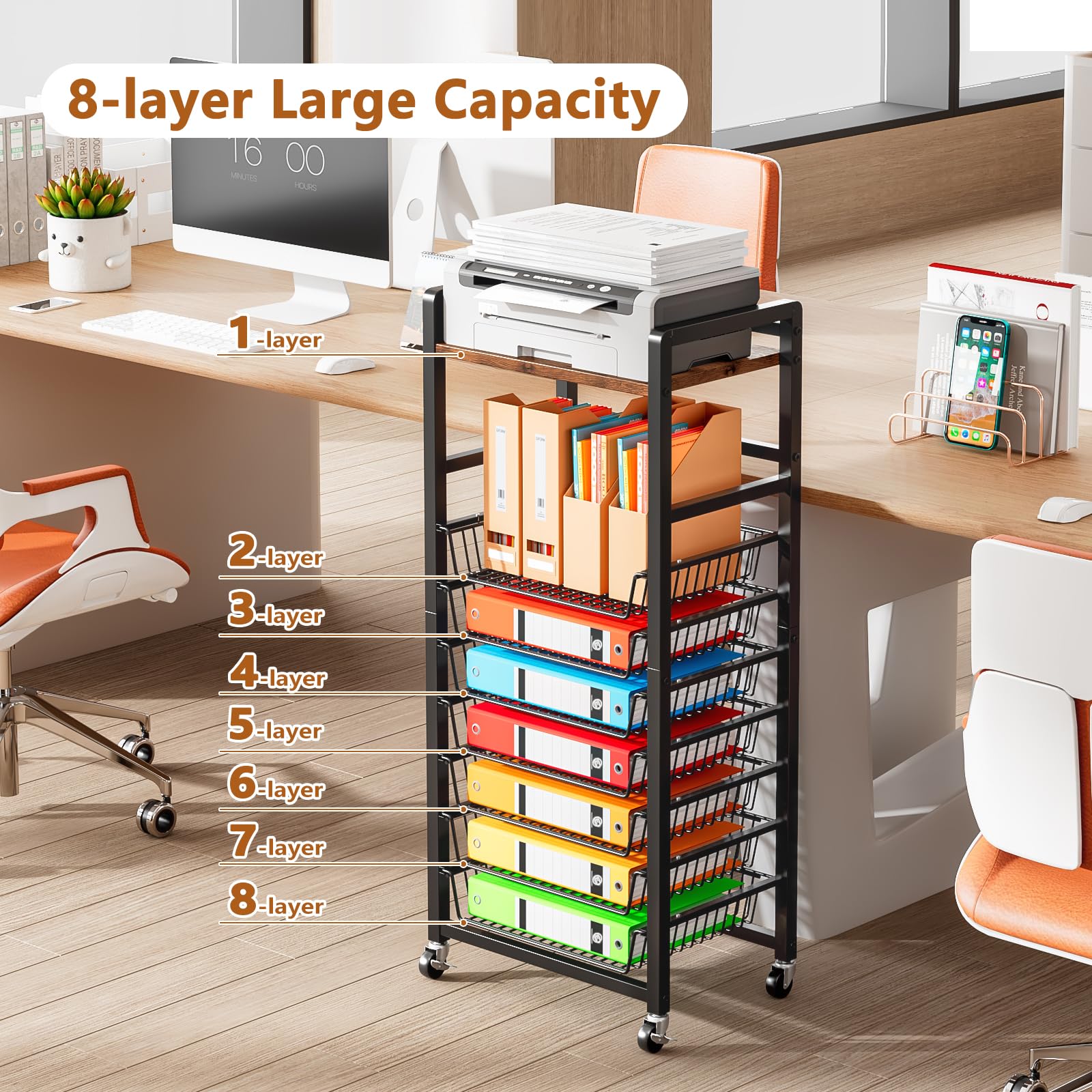 Carrito Organizador Móvil de 8 Niveles con Bandejas Metálicas | Tablero Superior de Madera, Ruedas Giratorias 360°, Negro, 44,5 × 28 × 106,5 cm, para Oficina y Hogar