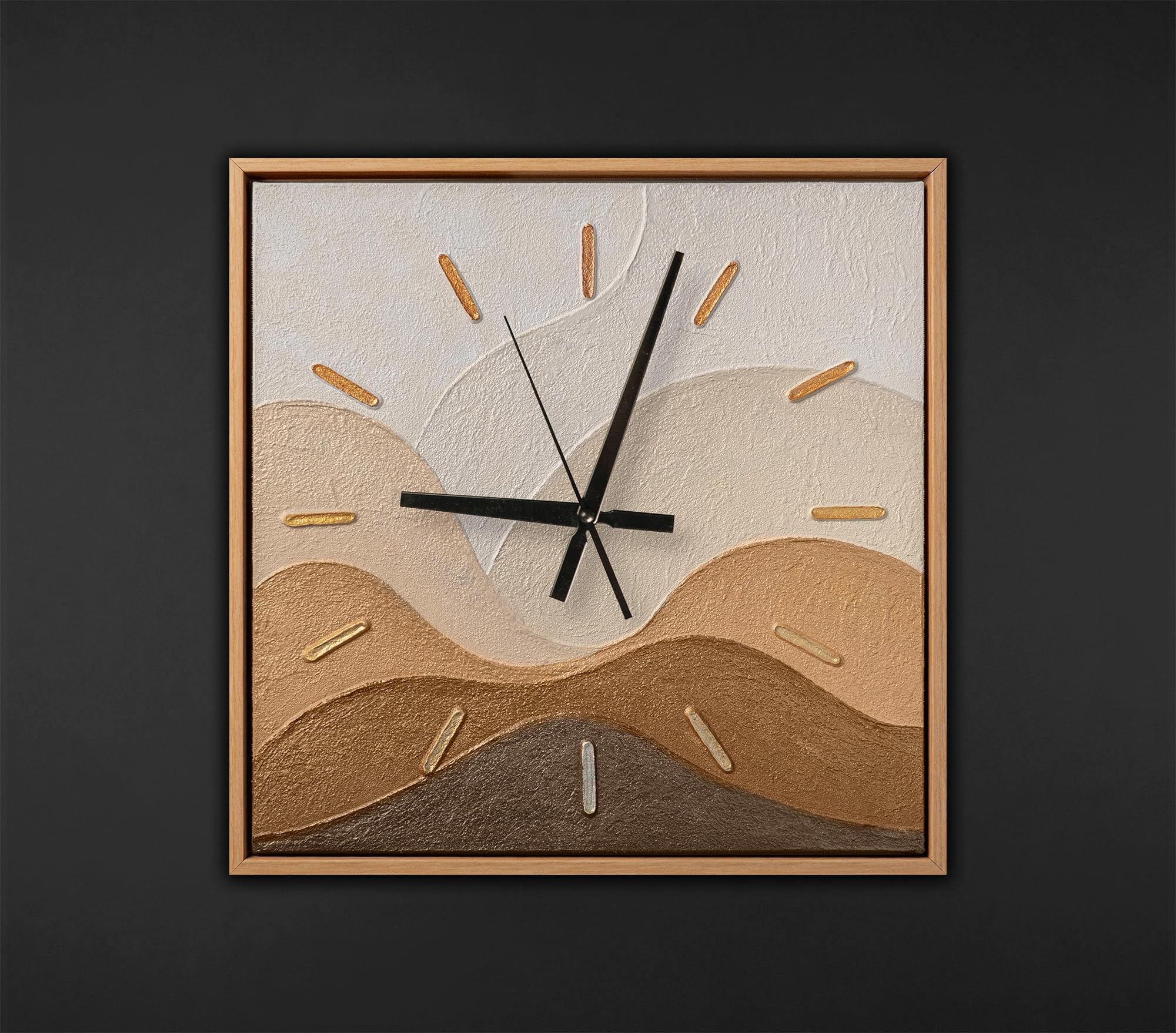 YS Hand Painted Wall Clock 35 x 35 cm - Desert Landscape Sand & Brown with Gold Art Gallery