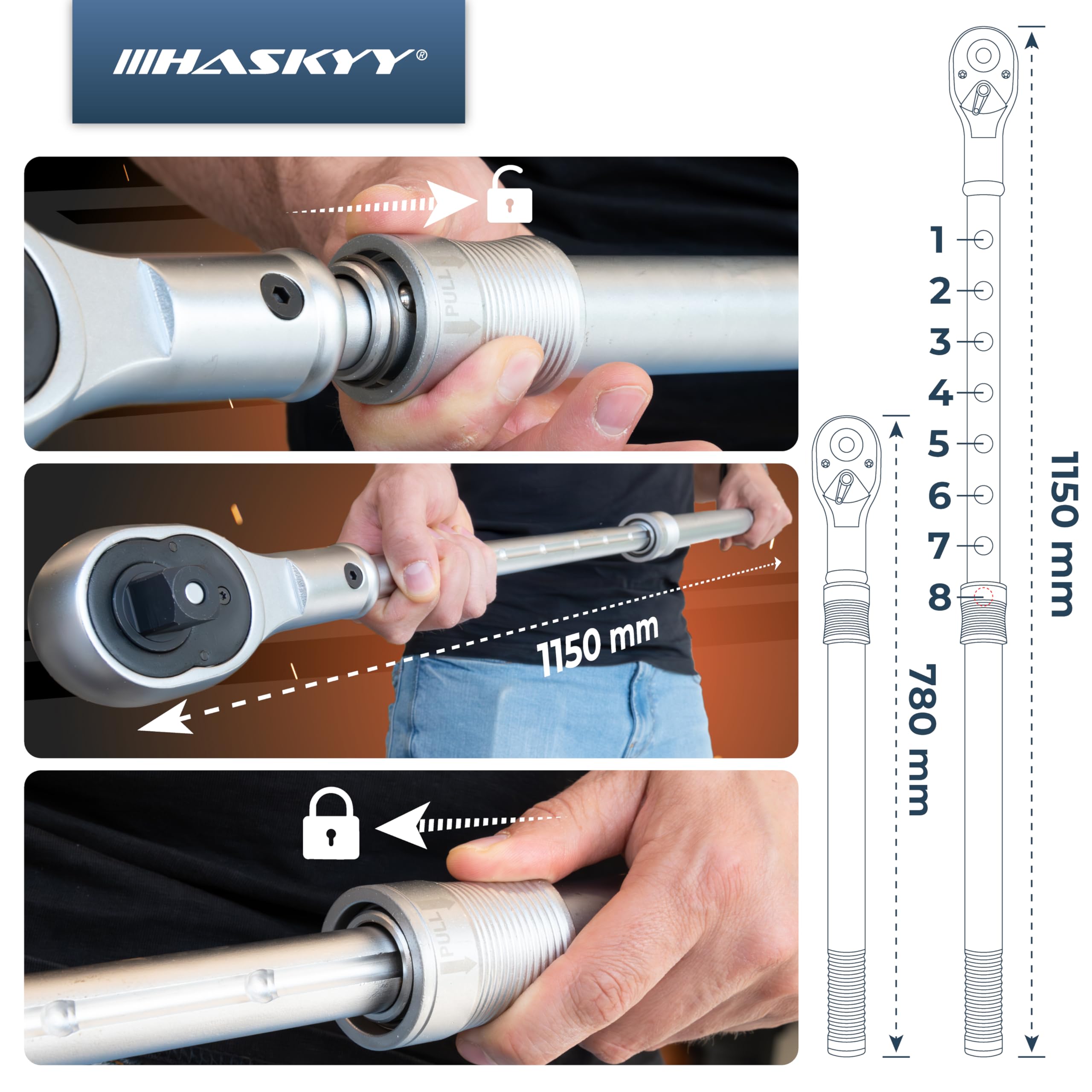 HASKYY Grzechotka teleskopowa 3/4" XXXL 78-115 cm wysuwana 8-stopniowa grzechotka z grzechotką, długa grzechotka z grzechotką, moment obrotowy 1412 Nm