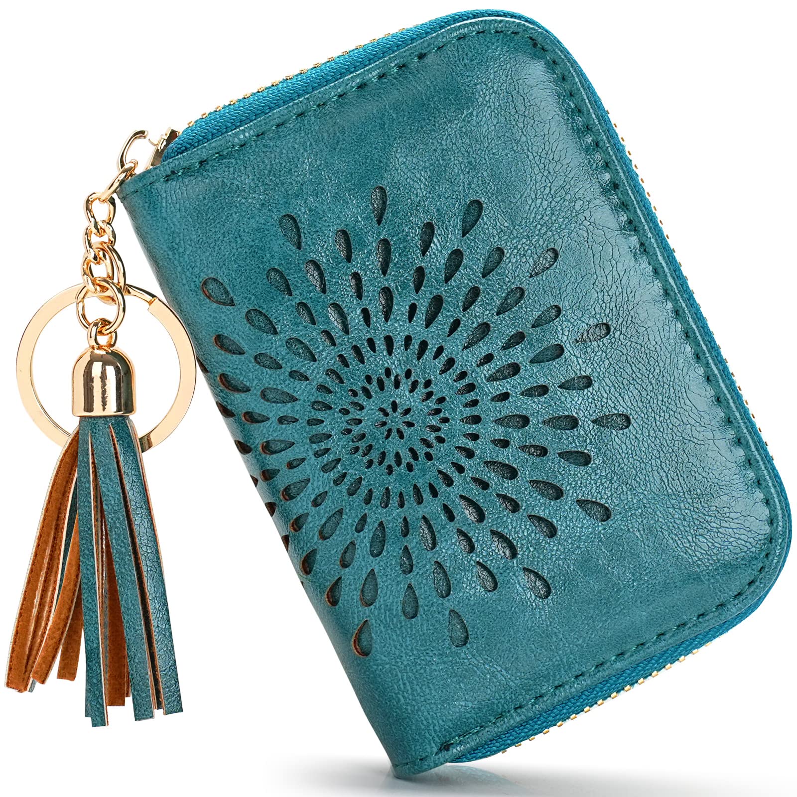 APHISON RFID Credit Card Holder Zipper Card Case Keychain Small Wallet for Women 1927 PEACOCK-BLUE