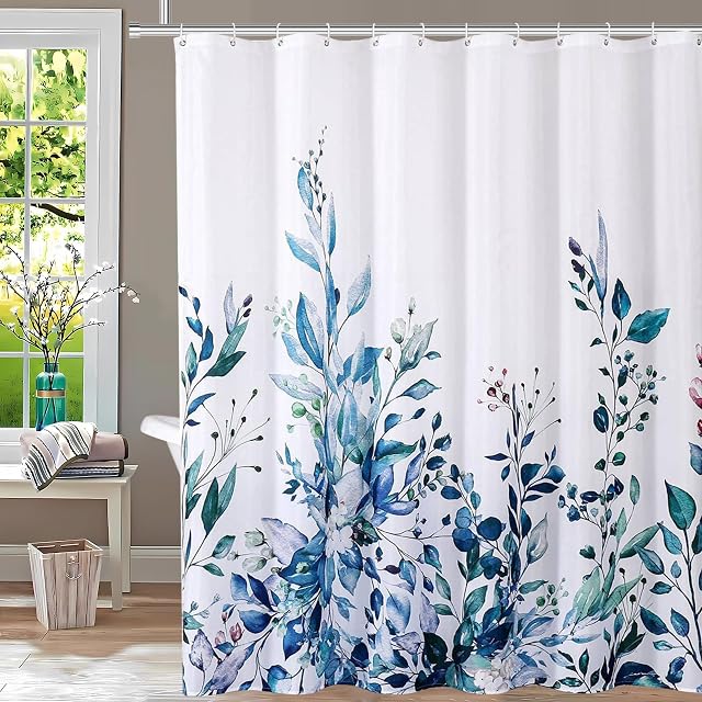 Fabric Shower Curtain, Watercolor Leaves Plant with Floral Bathroom Shower Curtain, Mildew Resistant, Weighted Hem, Boho Shower Curtain with 12 Hooks, Long Shower Curtain, 72''x72''
