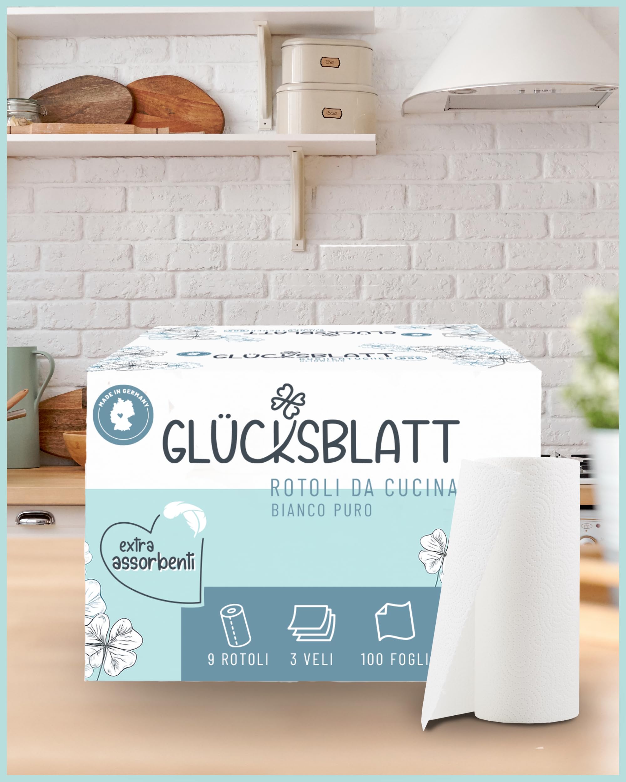Glücksblatt Asciugamani da Cucina, 9 Rotoli da 100 Fogli a 3 Strati, Senza Plastica, Sostenibili, per la Casa, Carta da Cucina
