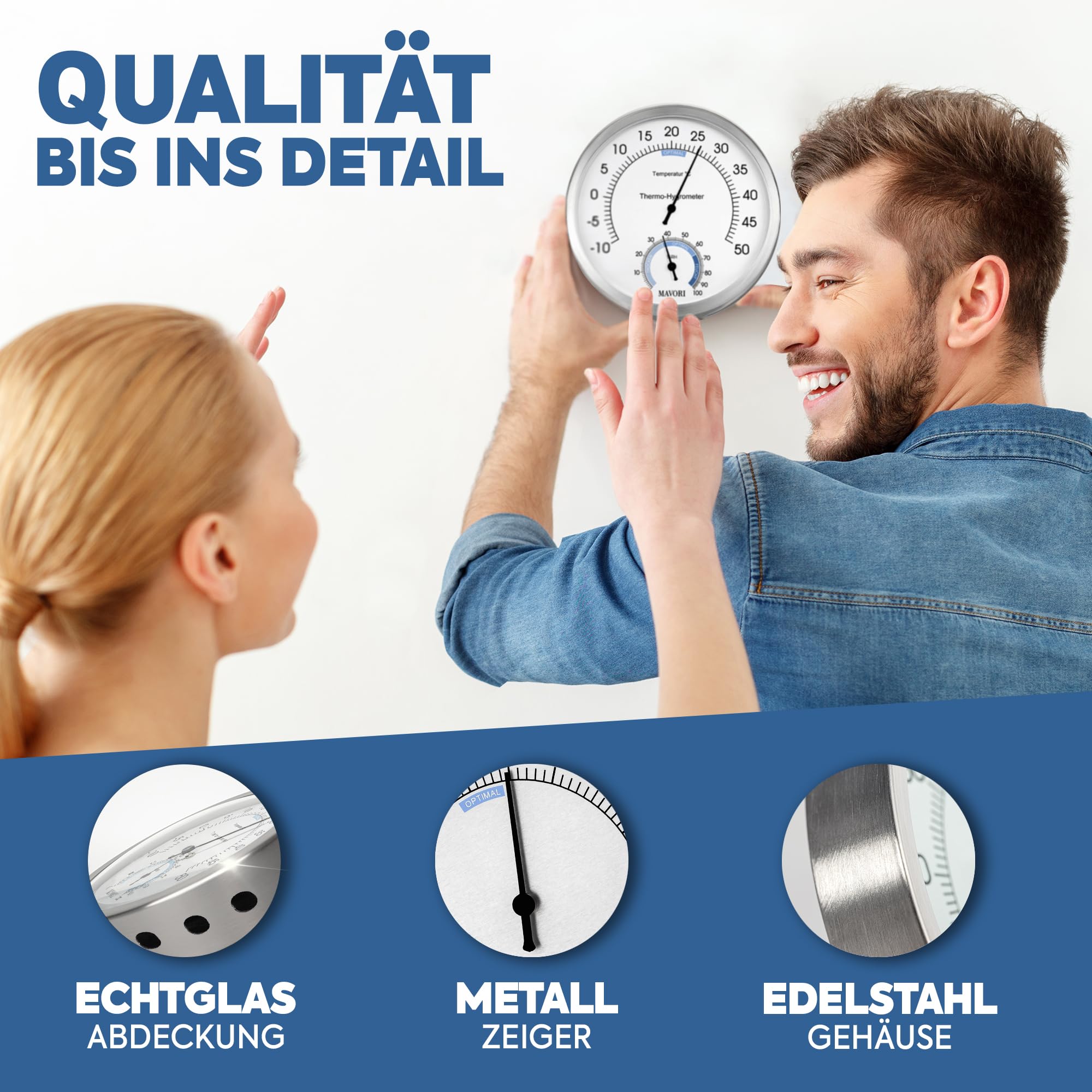 2in1 Thermometer & Hygrometer aus Edelstahl | Analog Hygrometer & Thermometer | Luftfeuchtigkeitsmesser & Raumthermometer innen für Ihr gesundes Raumklima | Ø 12,5cm