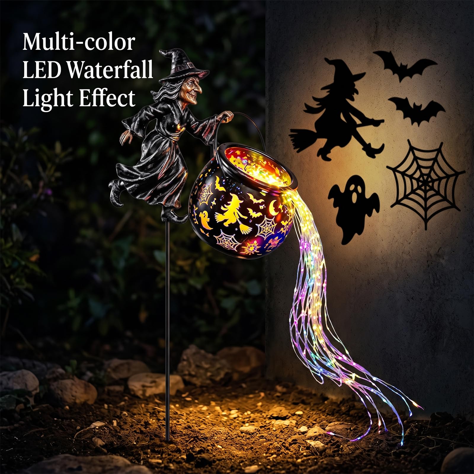Halloween Hexenkessel Gartenlicht mit Hexe und Wasserfall Lichterkette (1pcs)