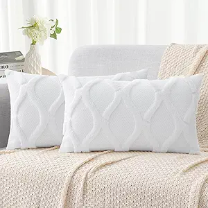 decorUhome Throw Pillow Covers 12x20 Inch Set of 2, Soft Plush Faux Fur Wool Lumbar Pure White Couch Pillow Covers, Decorative Neutral Pillow Cases for Bed Sofa Living Room Home Decor